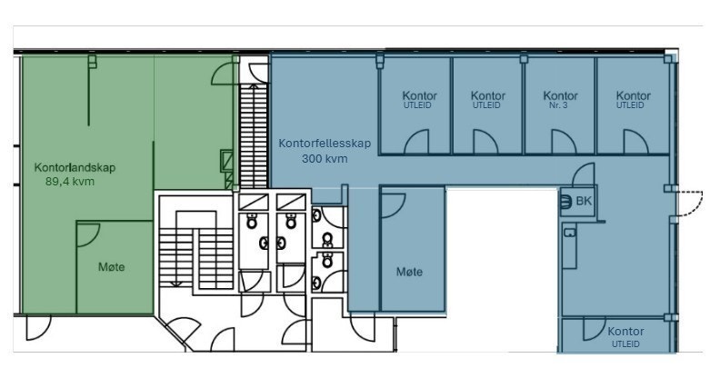 Plantegning - Kontorlandskap og kontorfellesskap (kun én kontorcelle igjen) Galleribilde