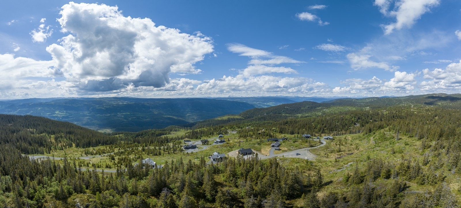 Sommerbilde av hyttefeltet på Nystølen tatt i sommer 2024. Galleribilde