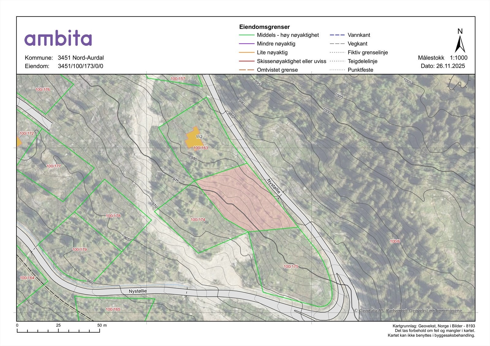 Eiendomskart av tomten med grenser. Kartet er innhentet fra kommunen via Ambita Infoland, datert 26.11.2025. Galleribilde