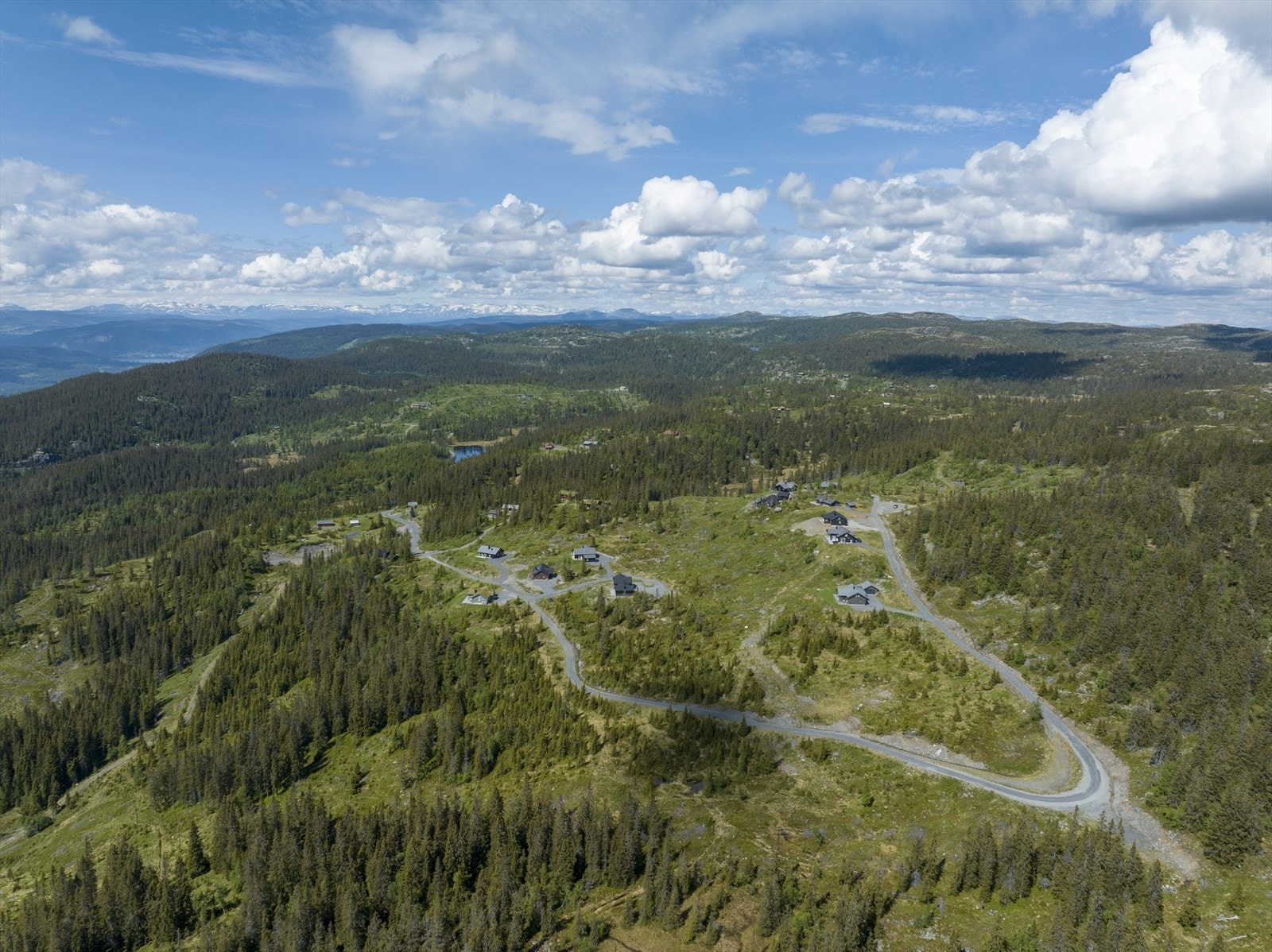 Sommerbilde av hyttefeltet Nystølen tatt i sommer 2024. Galleribilde