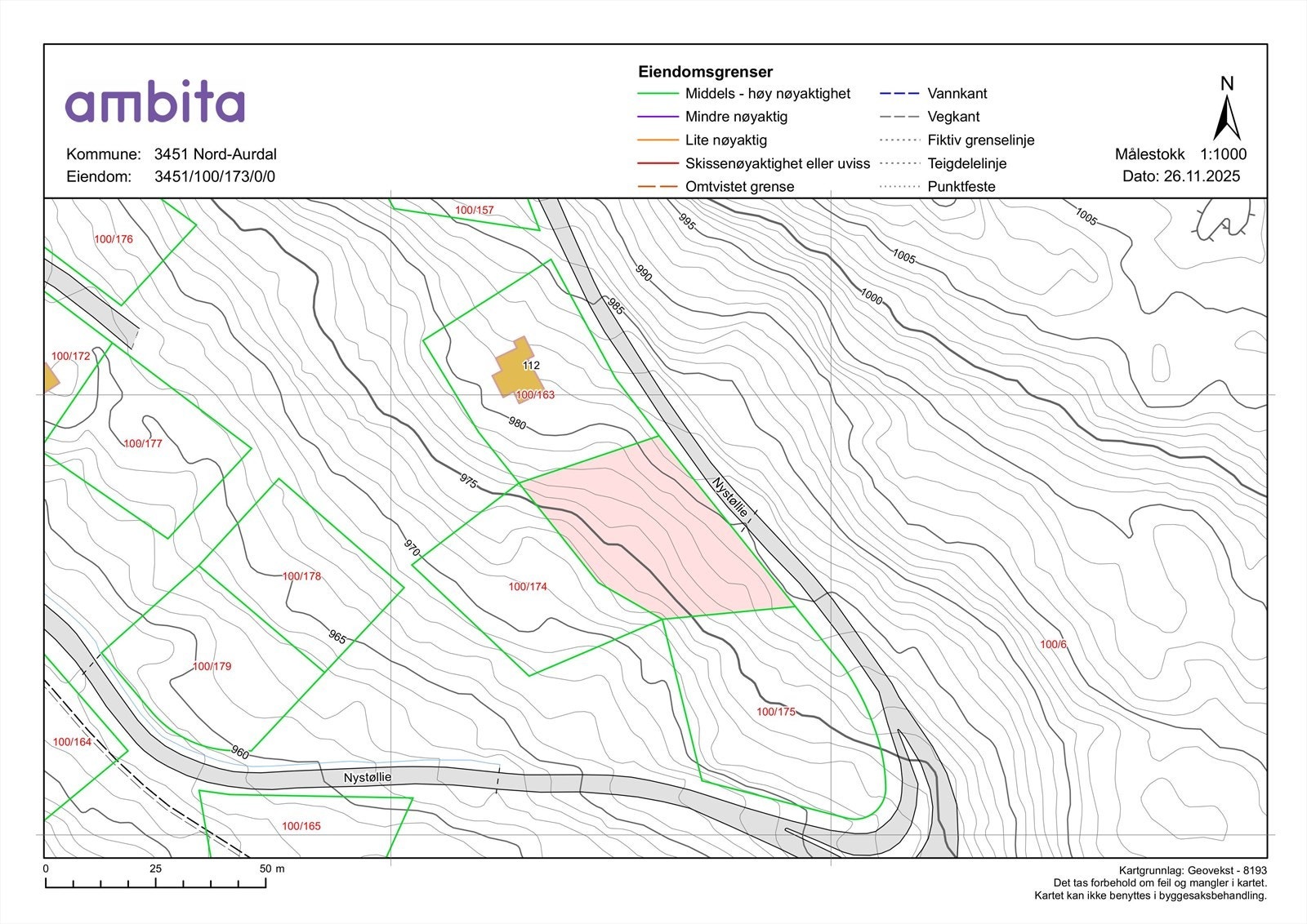 Vegstatuskart av tomten. Kartet er innhentet fra kommunen via Ambita Infoland, datert 26.11.2025. Galleribilde