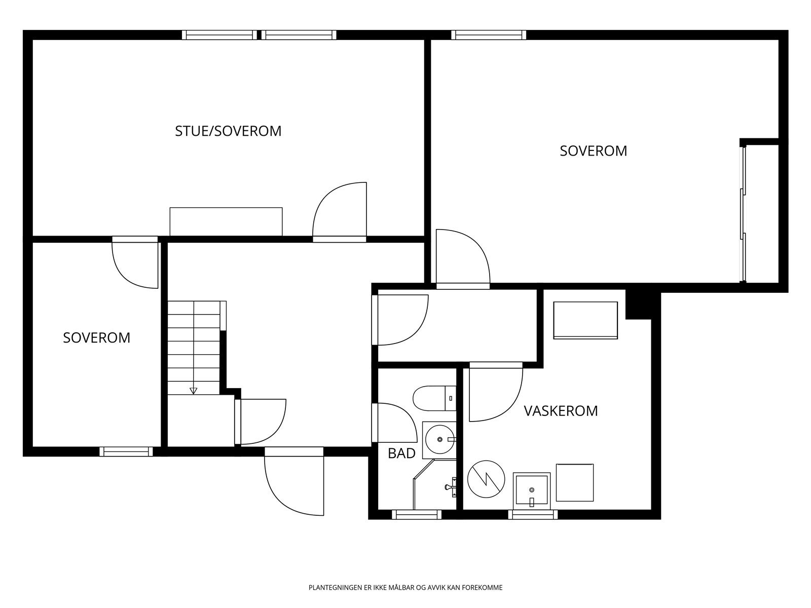 Underetasjen har følgende planløsning. Soverom til høyre er opprinnelig godkjent som boder og ikke godkjent til varig opphold. Galleribilde