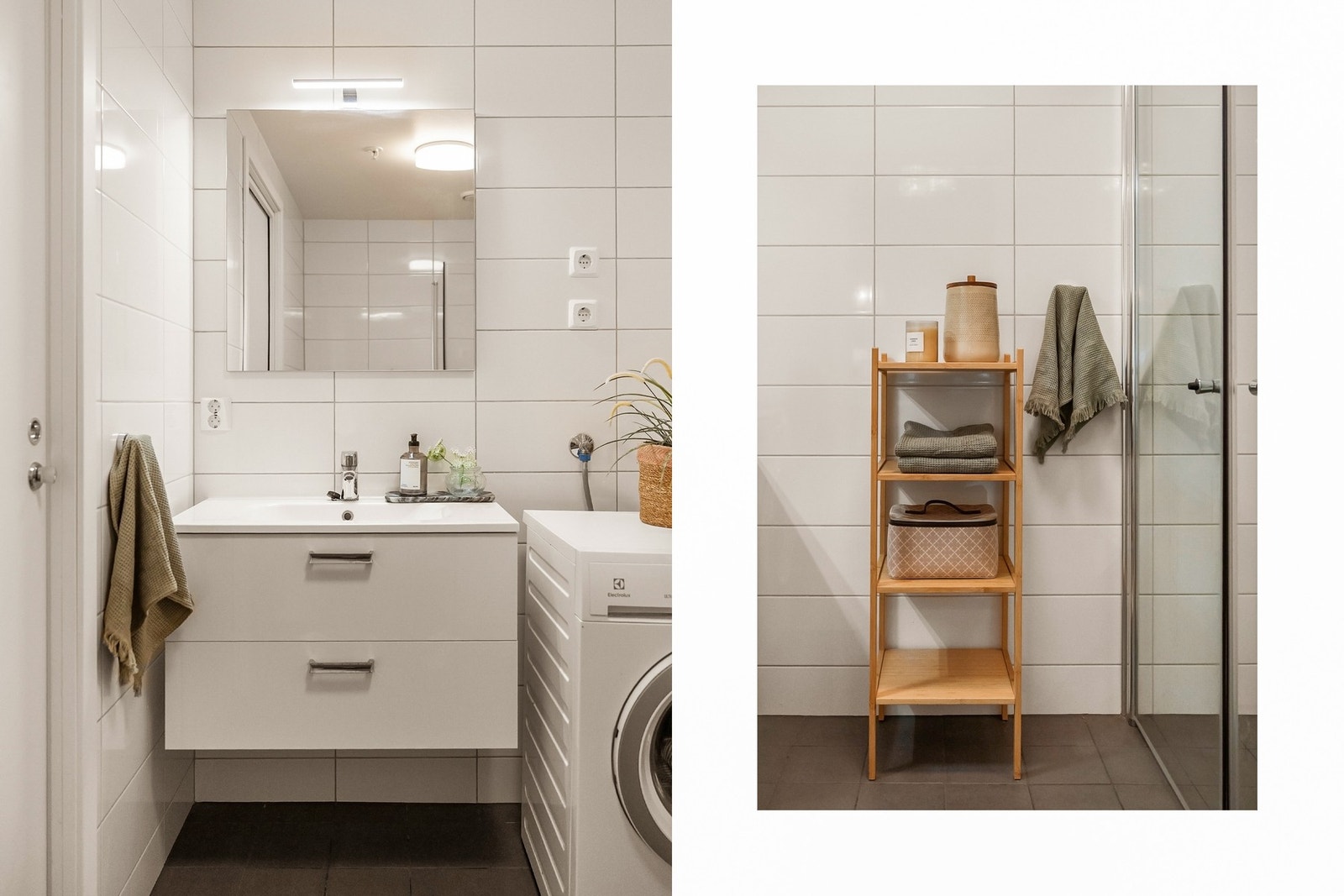 Utstyrt med servant, vegghengt toalett, dusjhjørne og opplegg for vaskemaskin Galleribilde