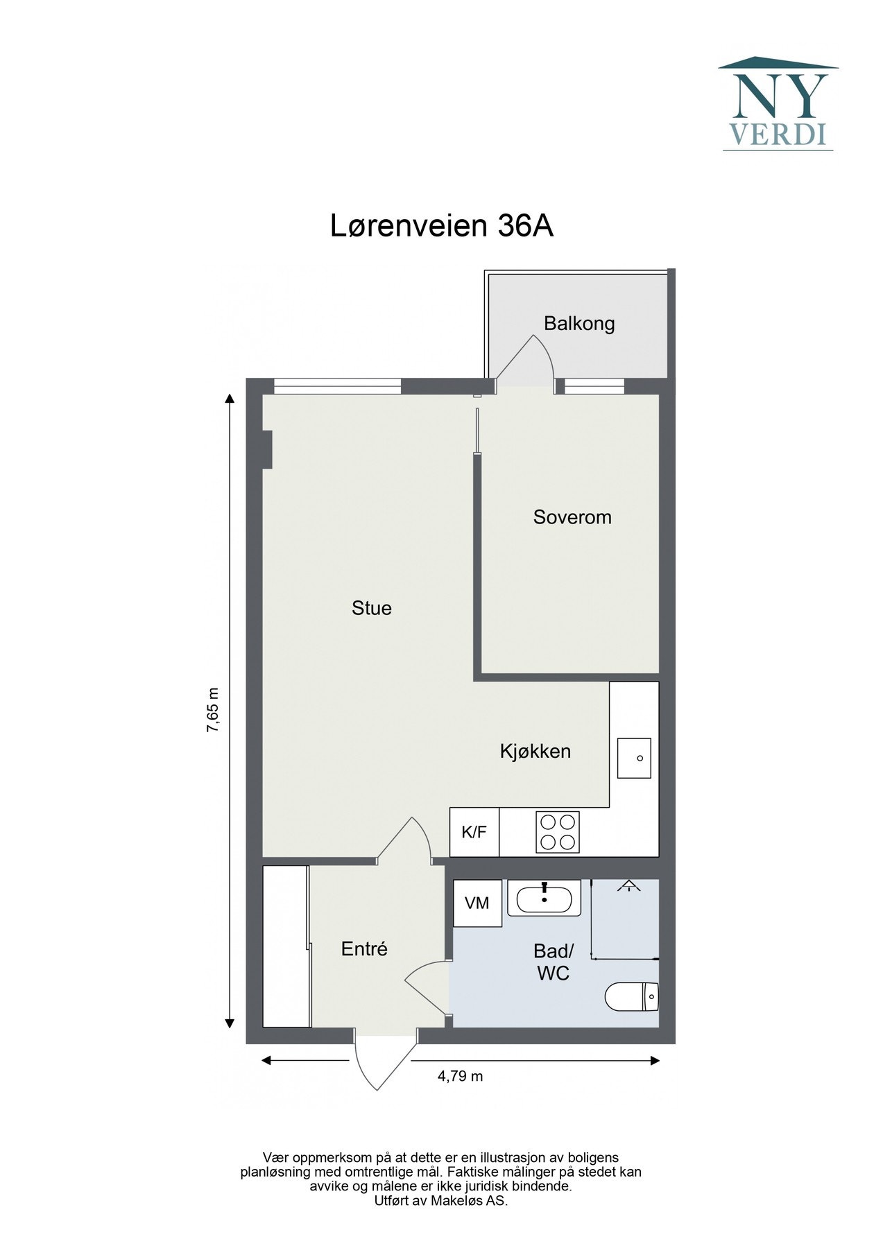 Plantegning. I tillegg disponerer leiligheten en kjellerbod på ca. 7 kvm. Galleribilde
