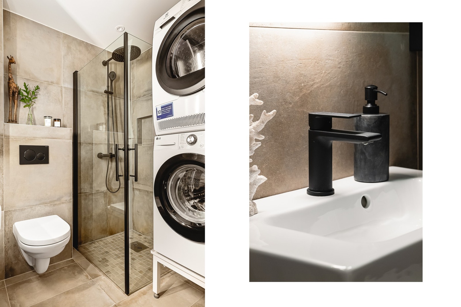 - Her finner du blant annet vegghengt toalett, dusjhjørne med innfellbare glassdører og opplegg for vaskemaskin/tørketrommel - Galleribilde