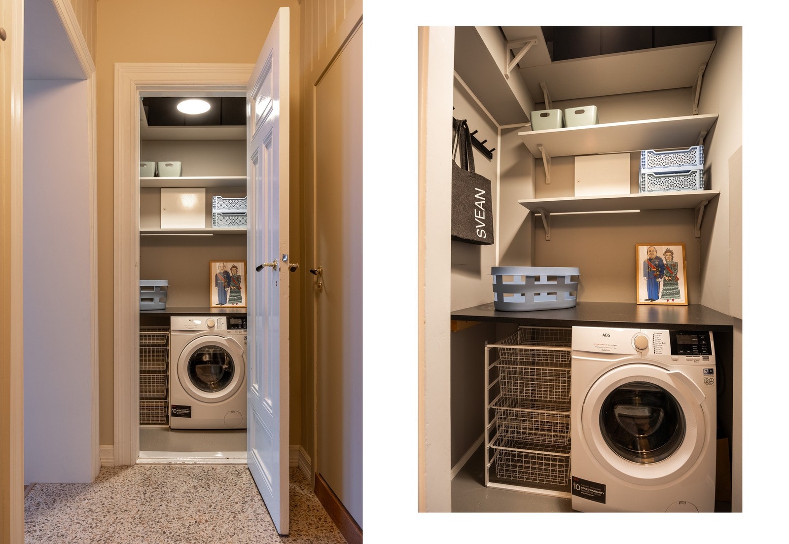 Praktisk innvendig bod med oppbevaring, samt opplegg og plass for vaskemaskin. Vaskemaskinen medfølger, og er ny fra 2021. Galleribilde