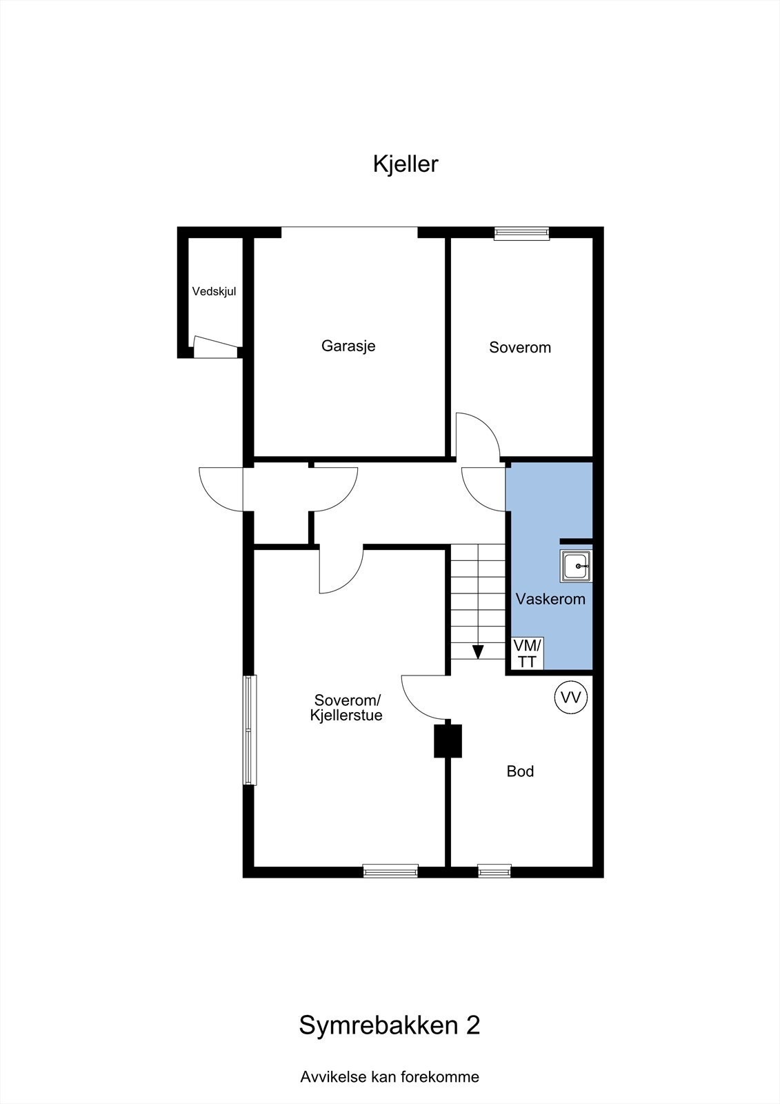 Planskisse av sokkeletasje. Planskisser viser dagens bruk, og ikke hva som er byggegodkjent/søkt kommunen. Leses i sammenheng med punktet "ferdigattest" i salgsoppgave. Galleribilde