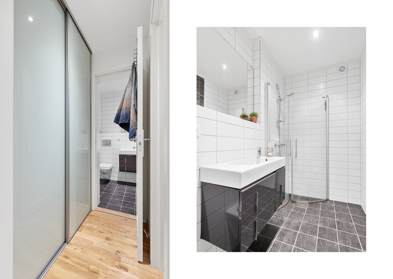 Badet har flislagte overflater, behagelig gulvvarme og downlights i taket. Galleribilde