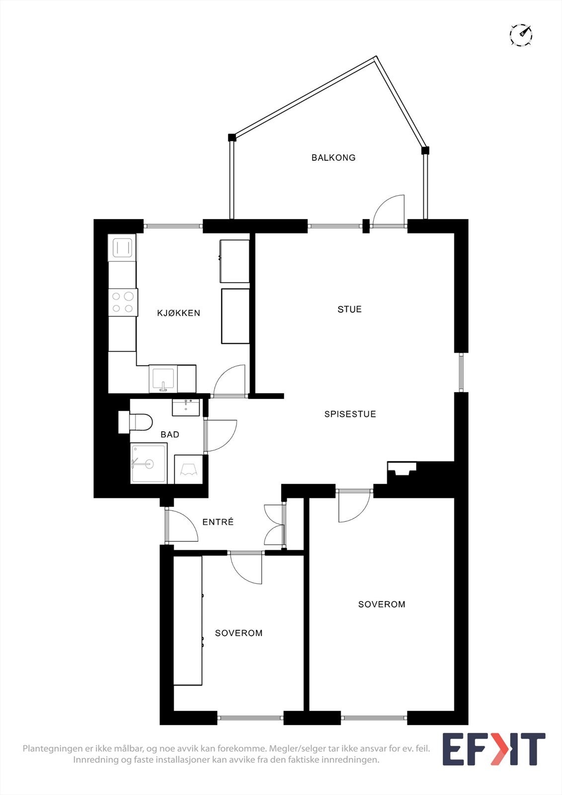 Plantegningen viser en arealeffektiv leilighet på 68 m² med to soverom og vestvendt balkong. Galleribilde