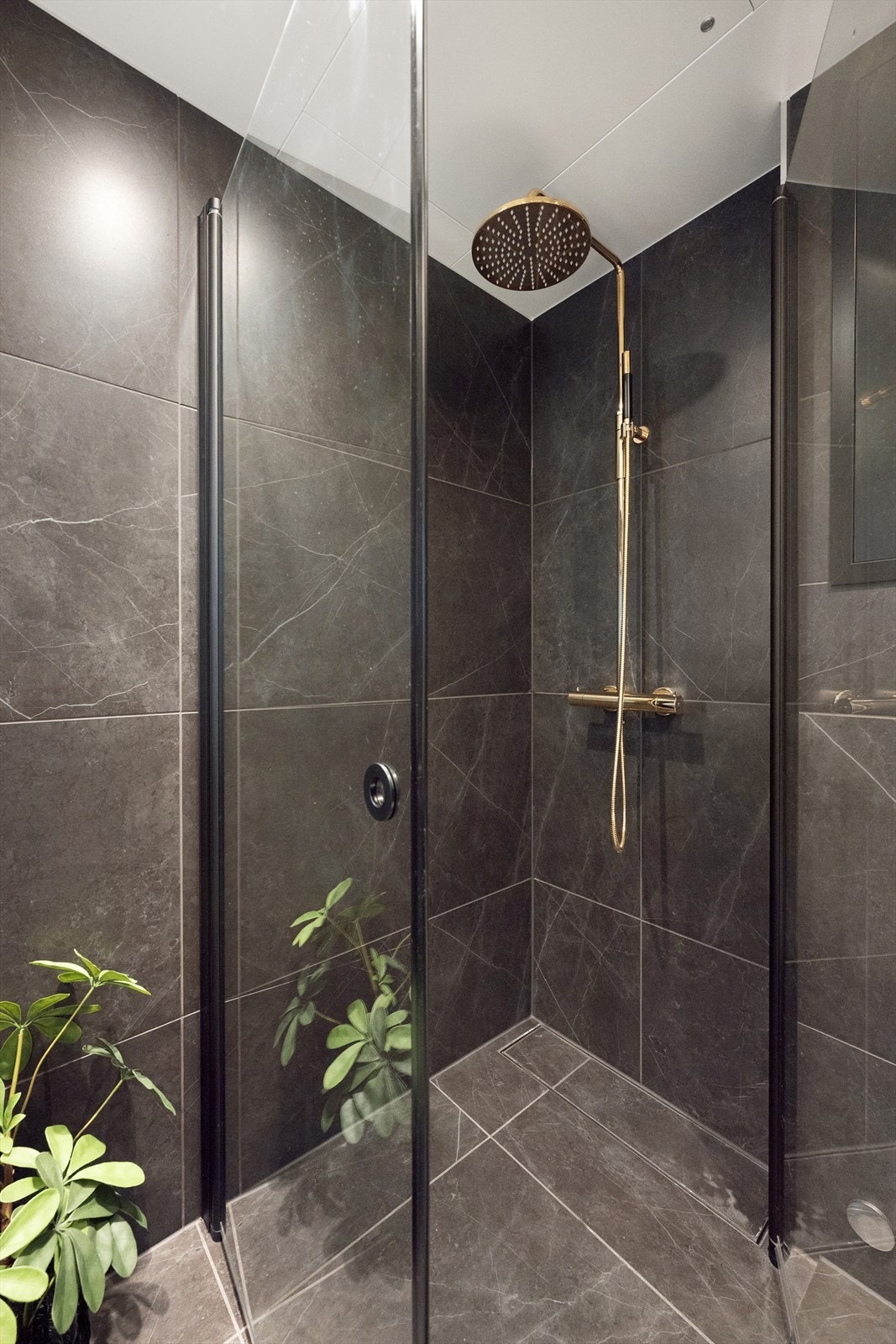 Dusjhjørne med innfellbare glassvegger utnytter plassen effektivt. Lekkert og eksklusivt. Galleribilde