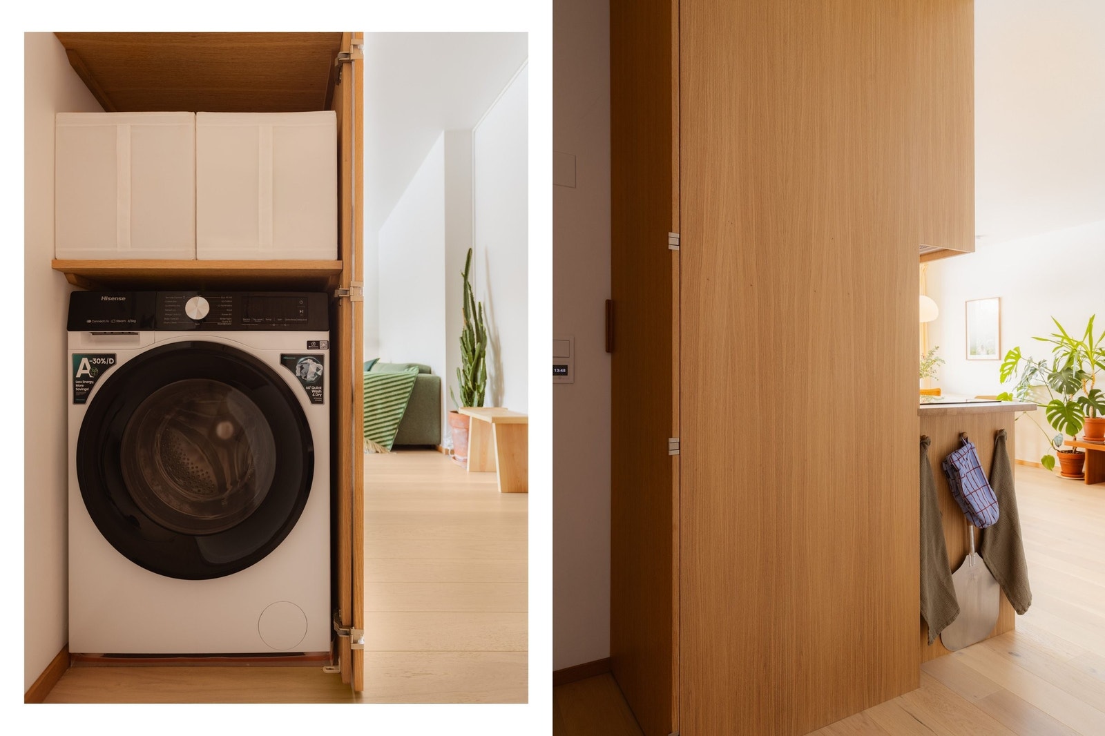 Praktisk løsning med vaskemaskin integrert i skap med oppbevaring over. Galleribilde