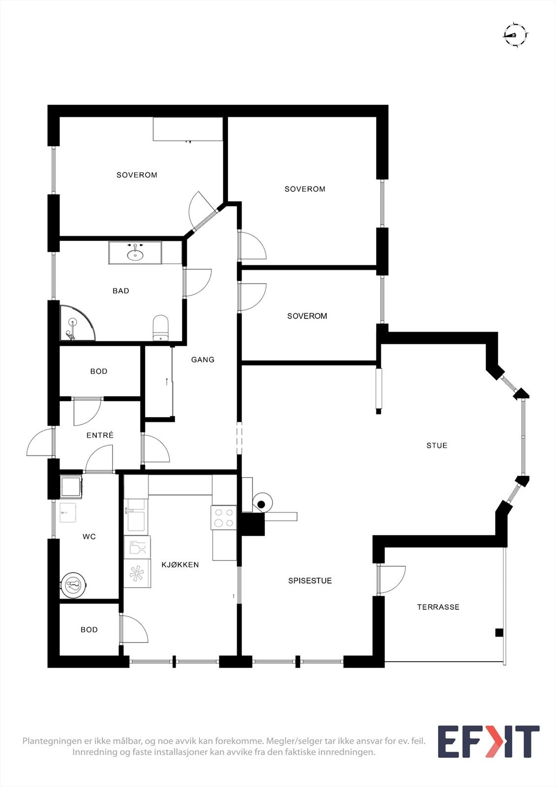 Plantegningen viser en arealeffektiv bolig med alle rom på ett plan. Galleribilde