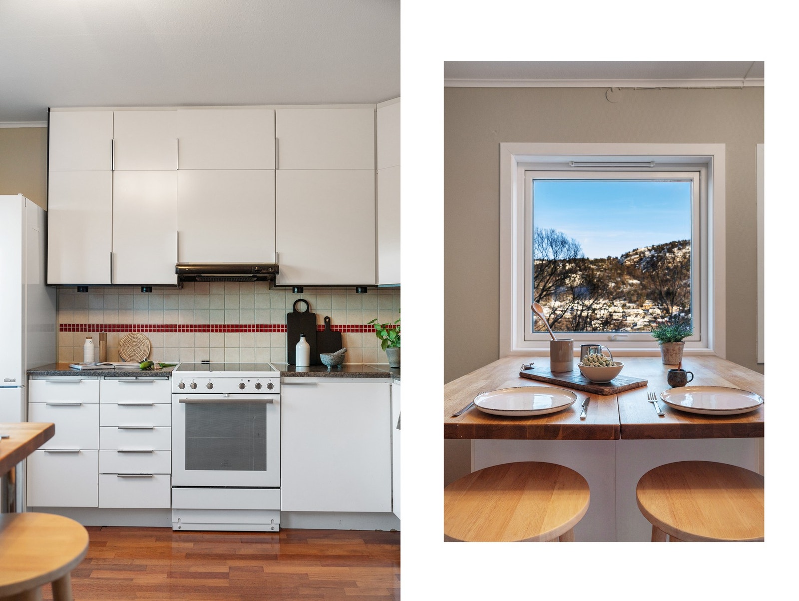 Over benkeplaten er det benyttet fliser, stål oppvaskkum og ventilator. Galleribilde