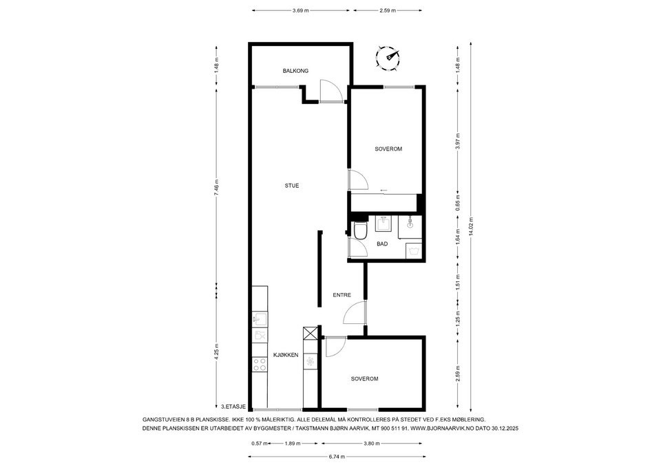 Planløsningen viser en arealeffektiv leilighet med to soverom og åpen stue-kjøkkenløsning. Galleribilde