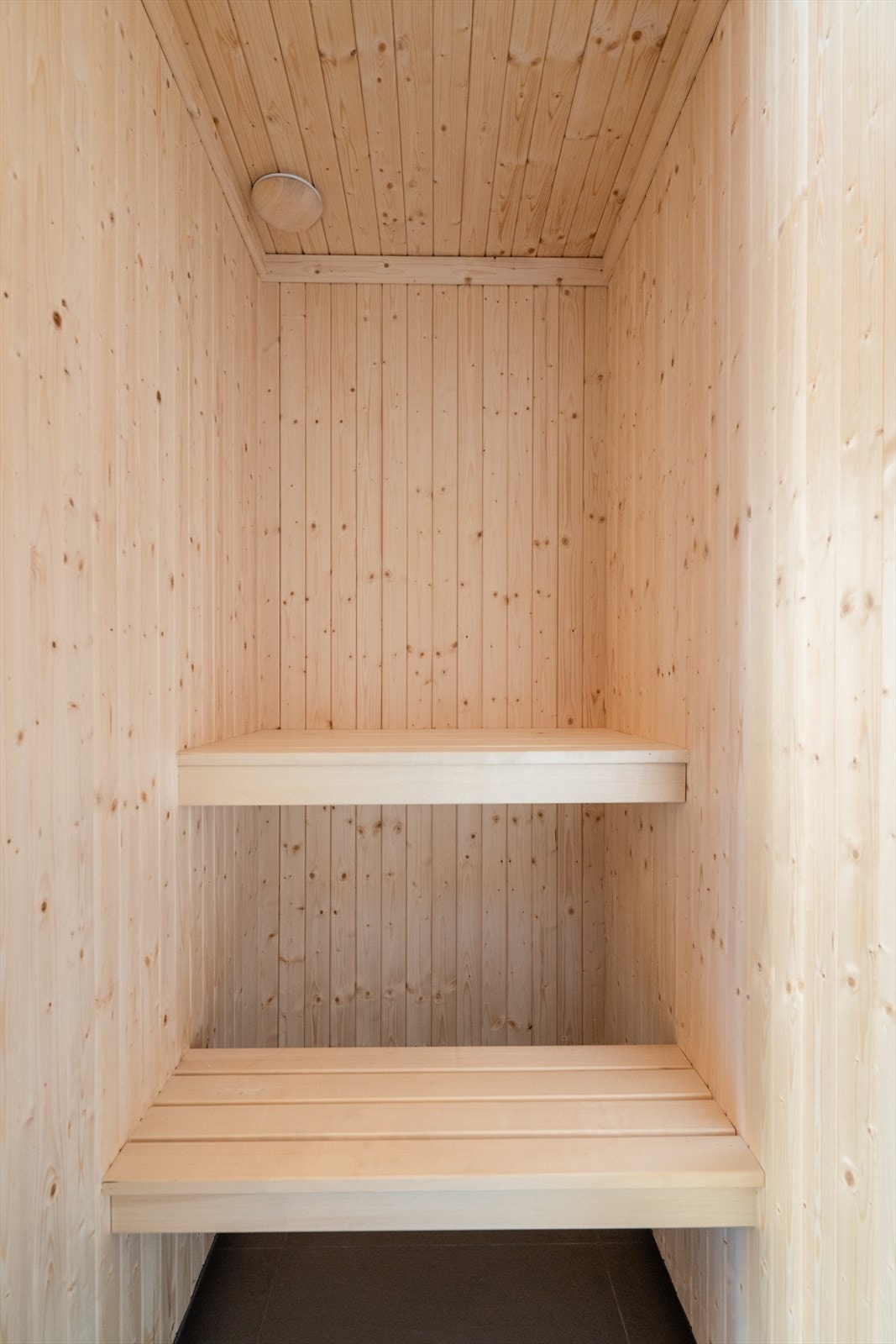 I badstuen er det sittebenker og badstuovn. Det er flis på gulv og panel på vegger. Galleribilde