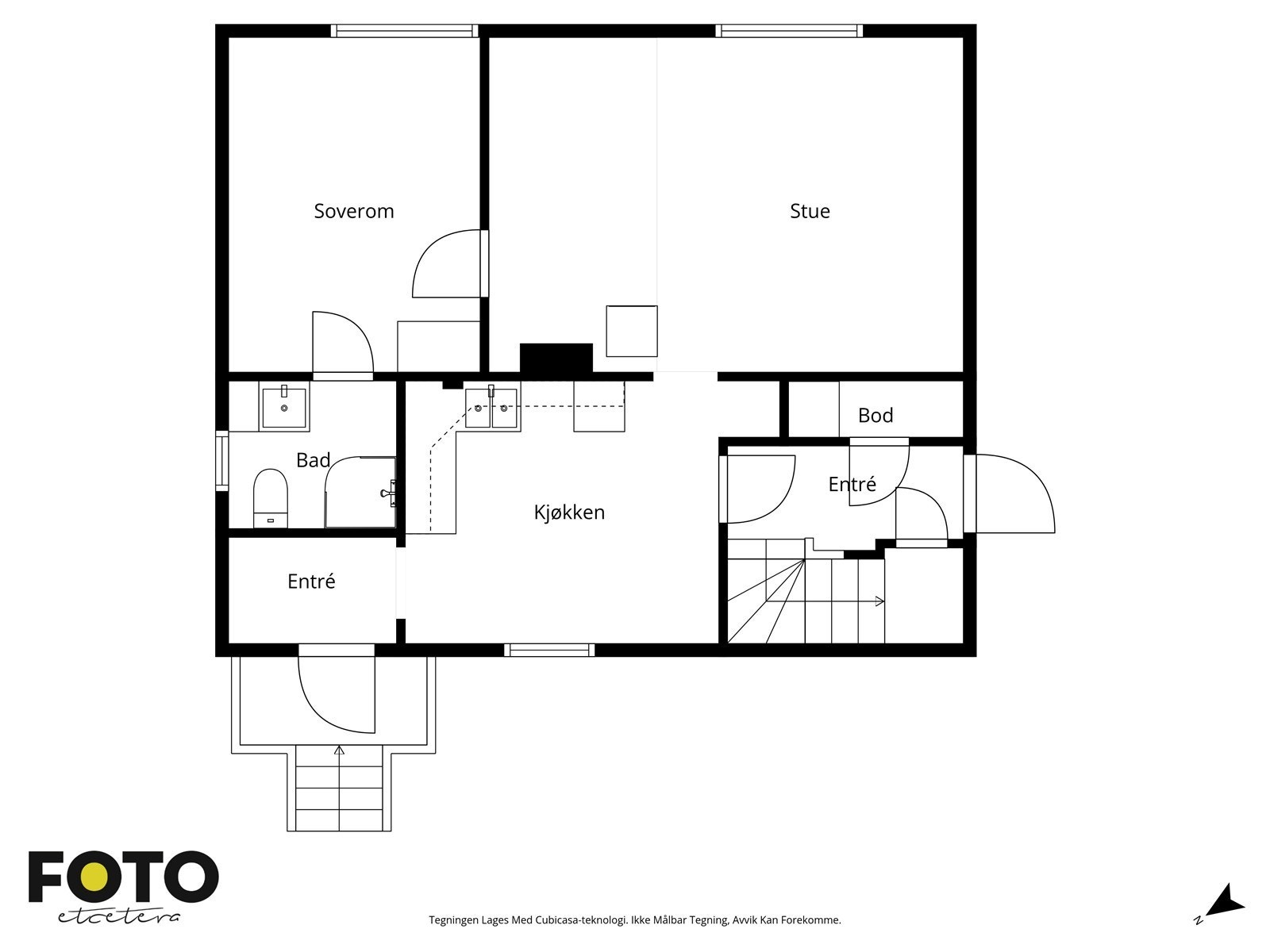Plantegningen illustrerer en arealeffektiv planløsning med stue, kjøkken, soverom og bad. Galleribilde