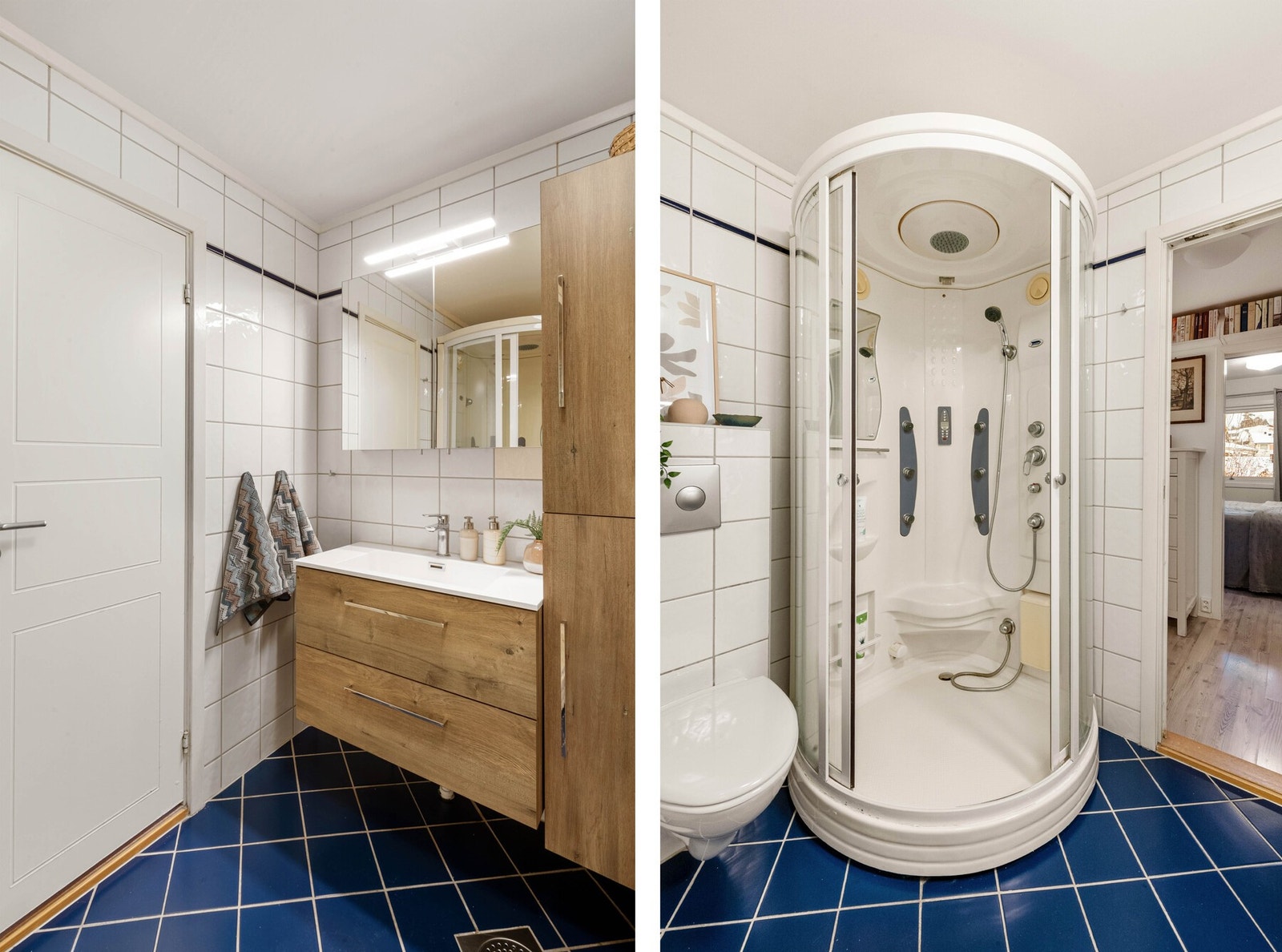 Badet er 4 m², har flislagte vegger og gulv med varmekabel. Vegghengt toalett. Ny baderomsinnredning 2023. Dør til grovkjøkken, walk in closet og videre til hovedsoverom. Galleribilde