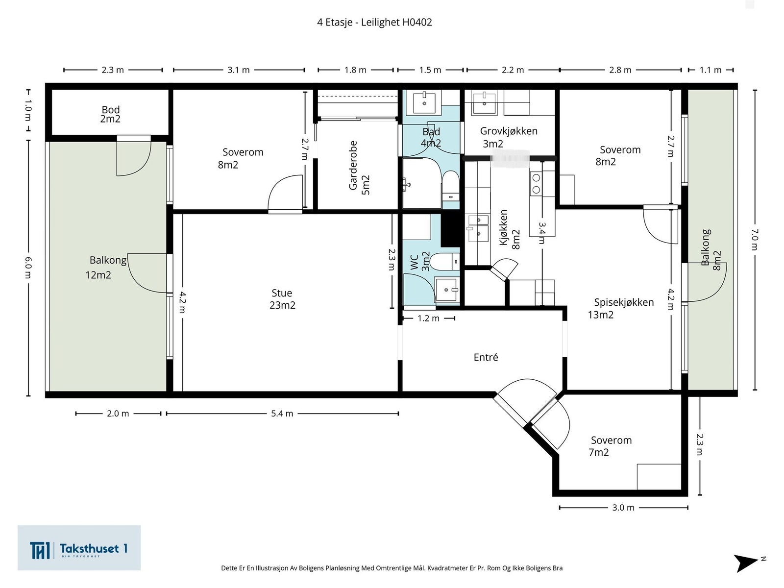 Planskisse. Lengder og arealer er målt innvendig. Galleribilde