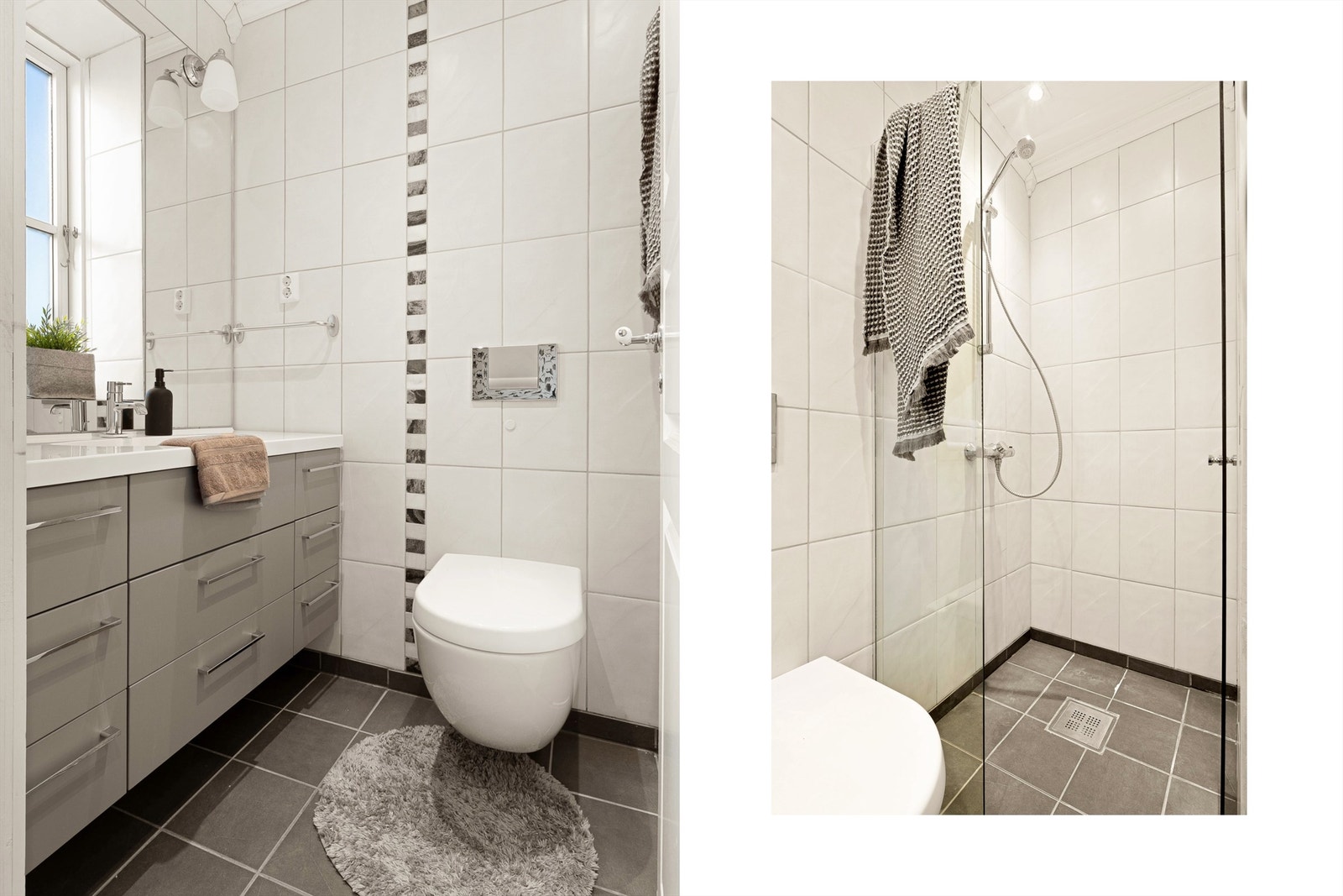 Pent, helfliset bad med vannbåren gulvvarme. Innredet med vegghengt toalett, dusjnisje med glassdør, servantinnredning og speil med belysning. Galleribilde