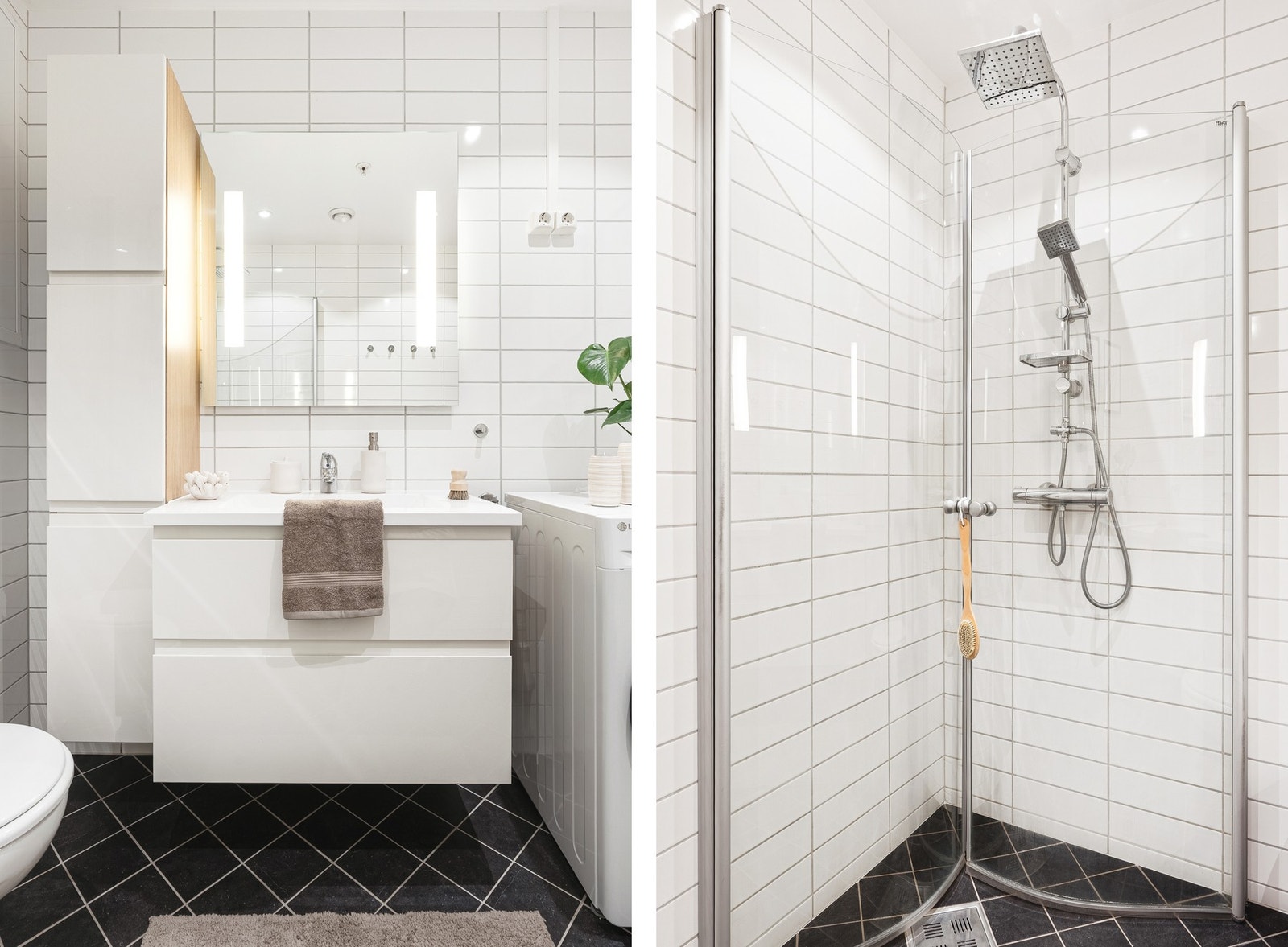 Badet er innredet med dusj m/glassvegger, vegghengt toalett, opplegg for vaskemaskin og moderne servantskap og høyskap i samme stil som kjøkkenet. Galleribilde