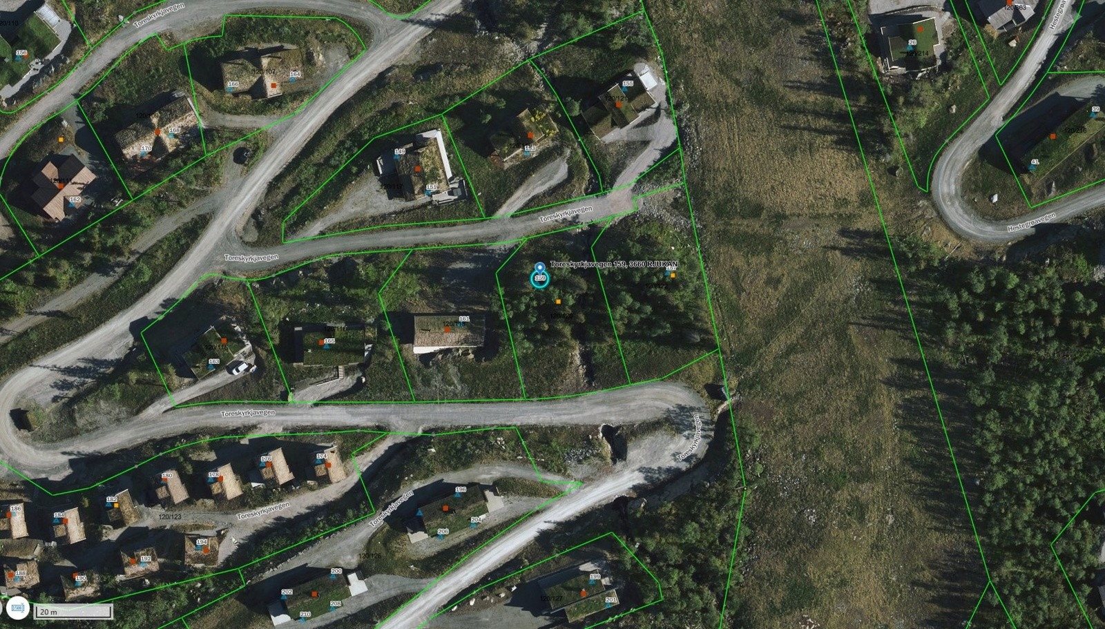 Toreskyrkjavegen 159 mellom skibakkene på kommunens tomtekart Galleribilde