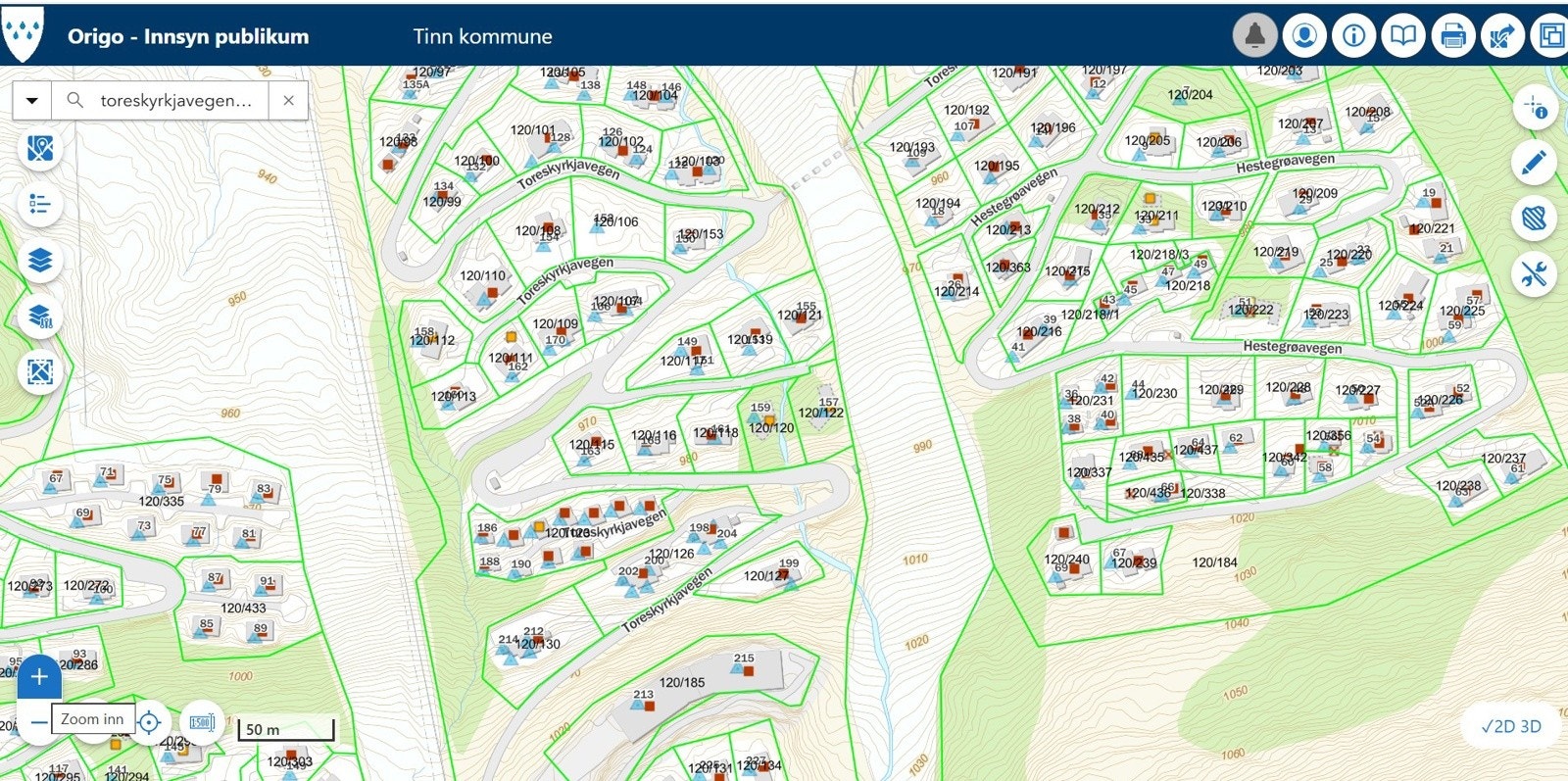 Toreskyrkjavegen 159 zoomet ut på Origo Kart Tinn kommune Galleribilde