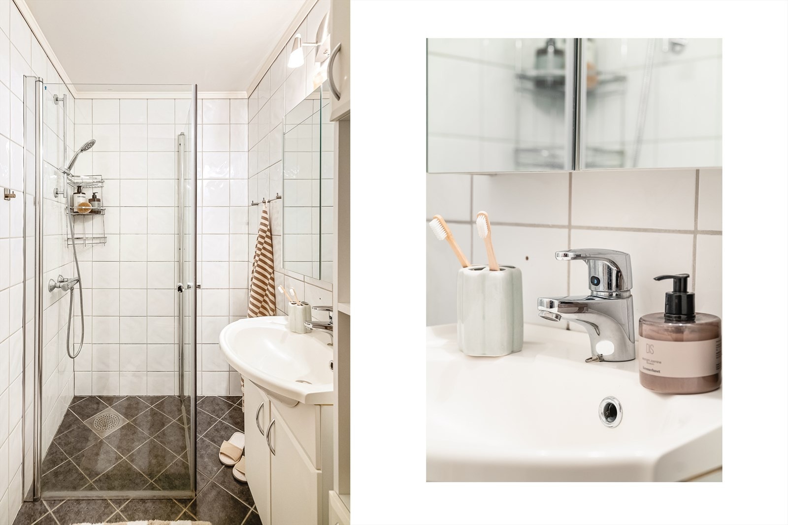 Badet ble i 2025 oppgradert med nytt blandebatteri, dusjkabinett og speilskap. Galleribilde