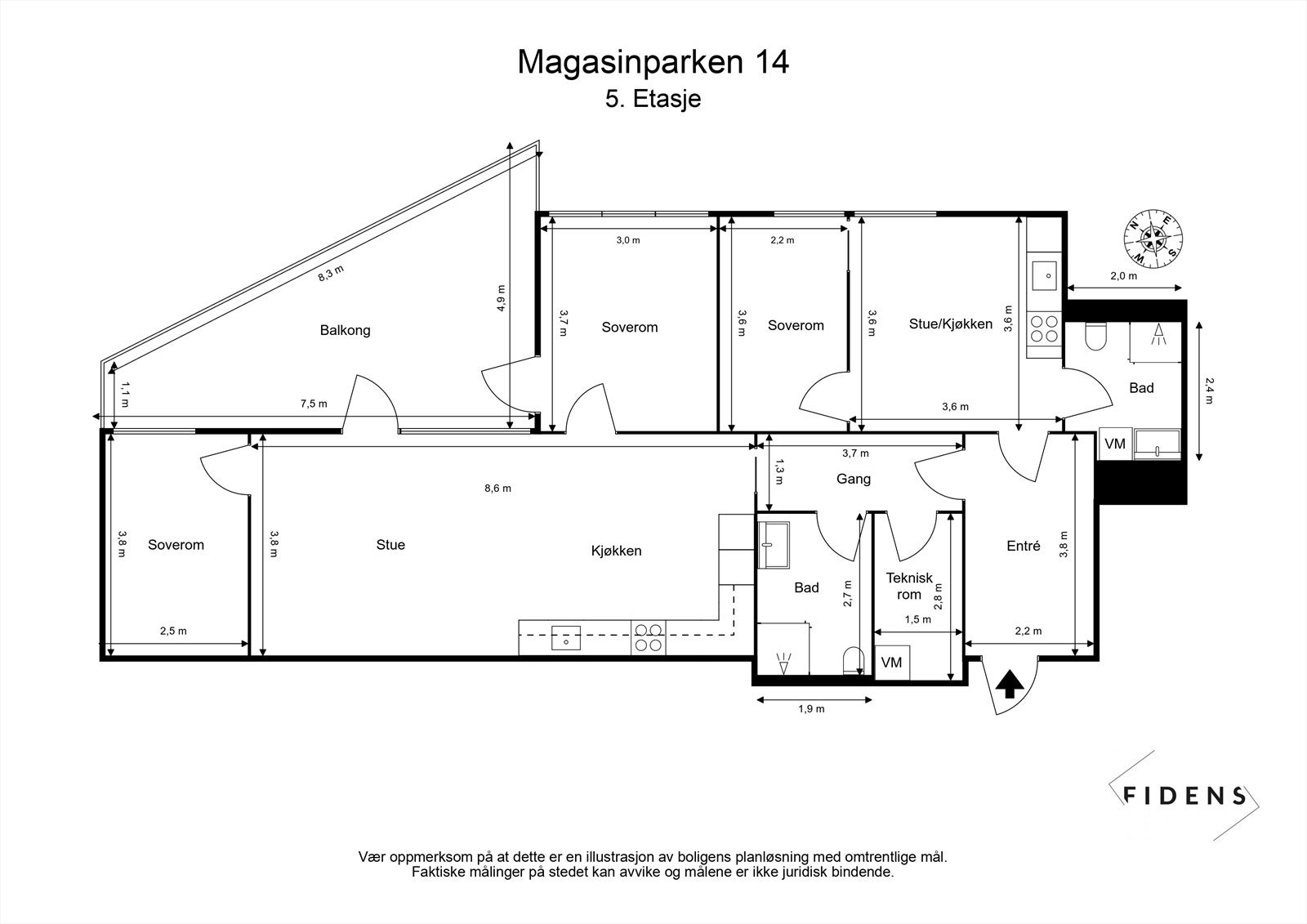 Planløsningen er arealeffektiv og fleksibel, med tre soverom, to bad og en egen hybel-del. Galleribilde