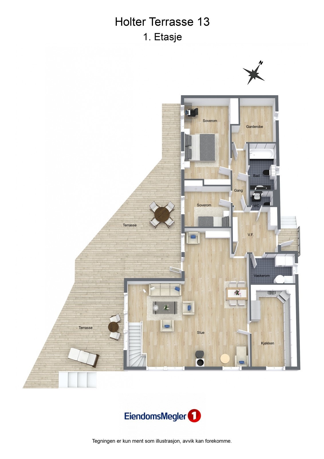 Illustrasjon plantegning for hovedetasjen, som har en fleksibel planløsning med mulighet for fire soverom Galleribilde