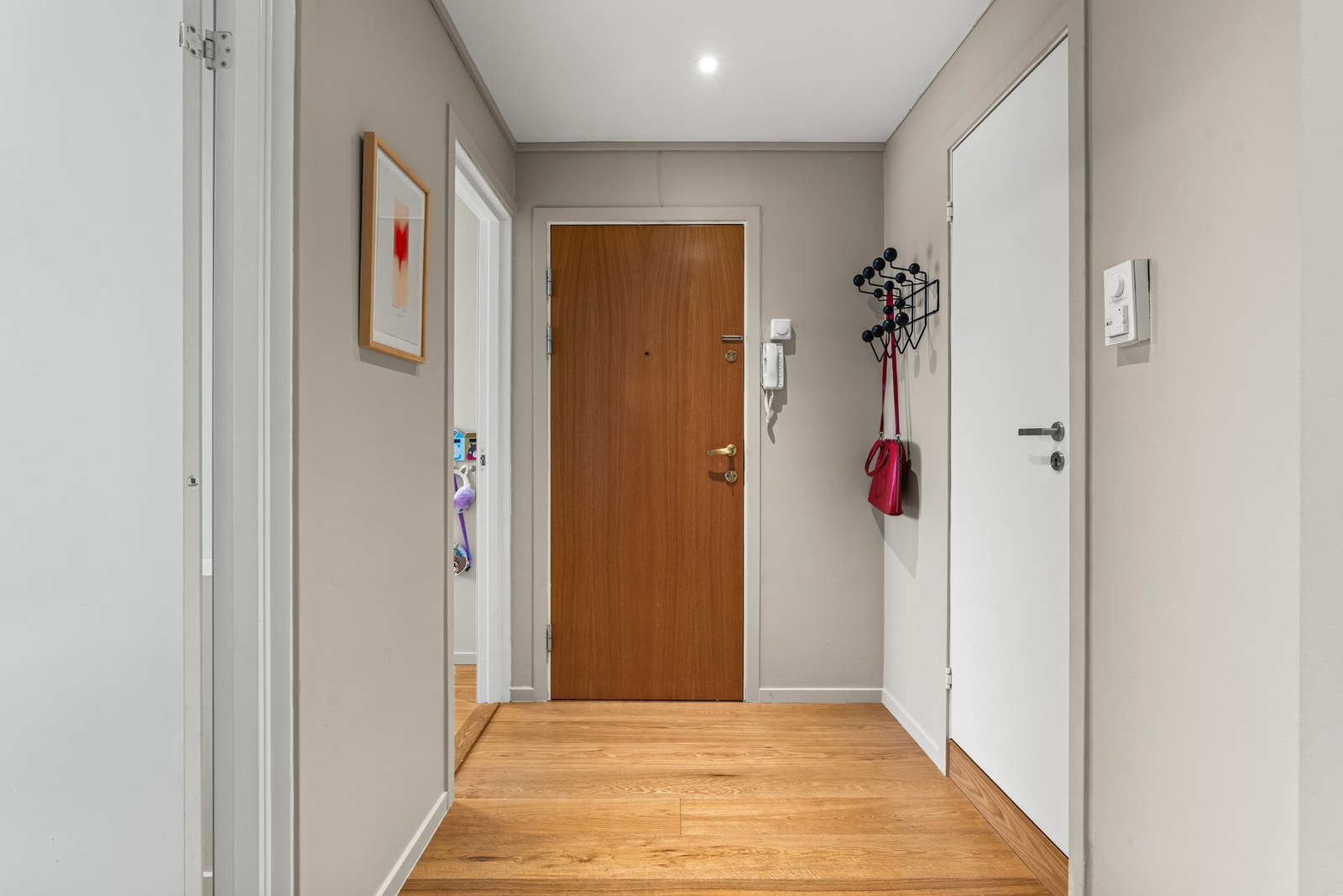 Pen entré med malte vegger og lys, enstavs parkett av eik på gulv, som for øvrig er gjennomgående i leiligheten. Ved inngangsdøren er det montert dørcalling med åpner. Galleribilde