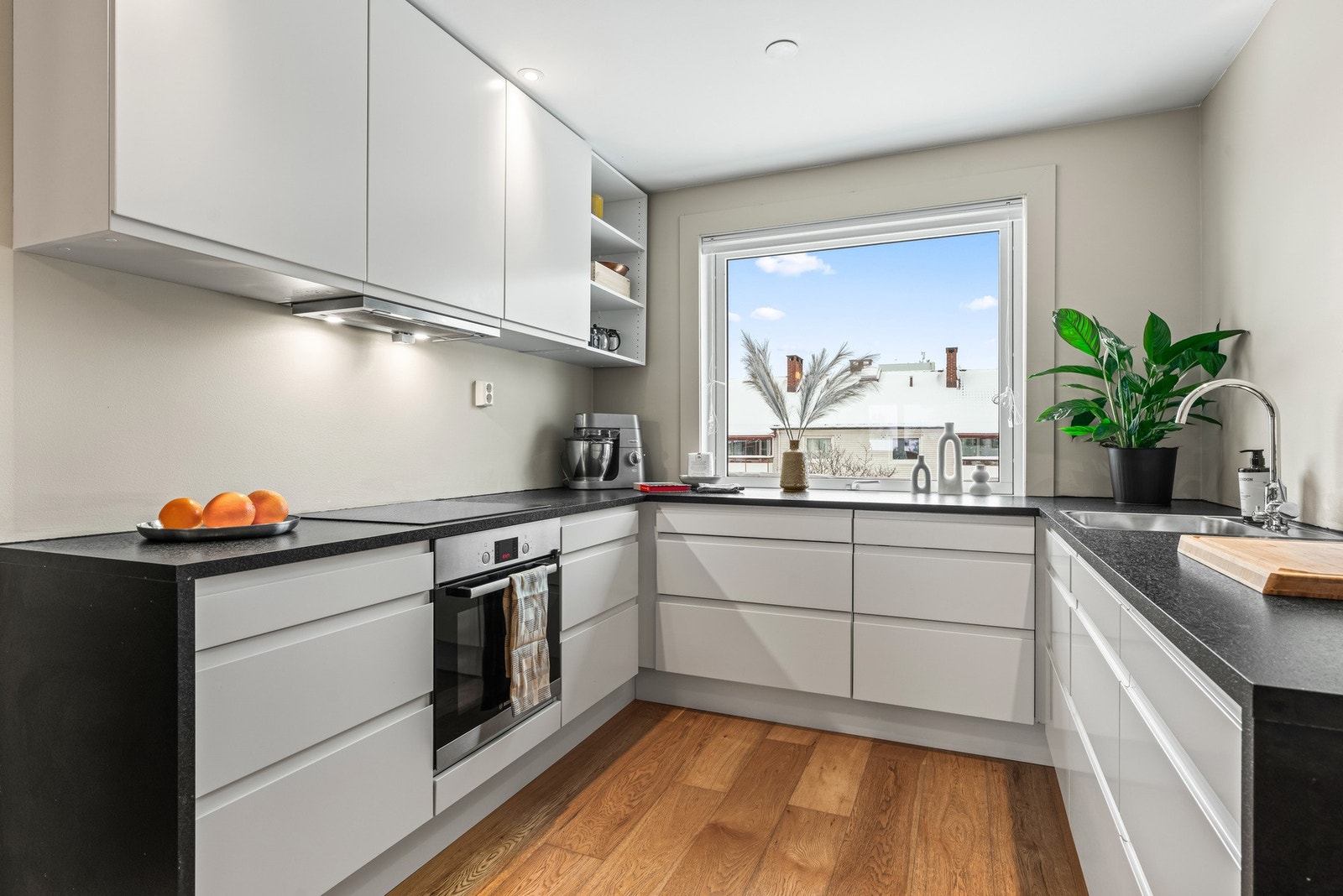 Hvitevarene er integrerte og består av komfyr, induksjonstopp, kjøleskap og oppvaskmaskin. Videre er det montert overskap med spottbelysning og slimline ventilator (kullfilter). Galleribilde