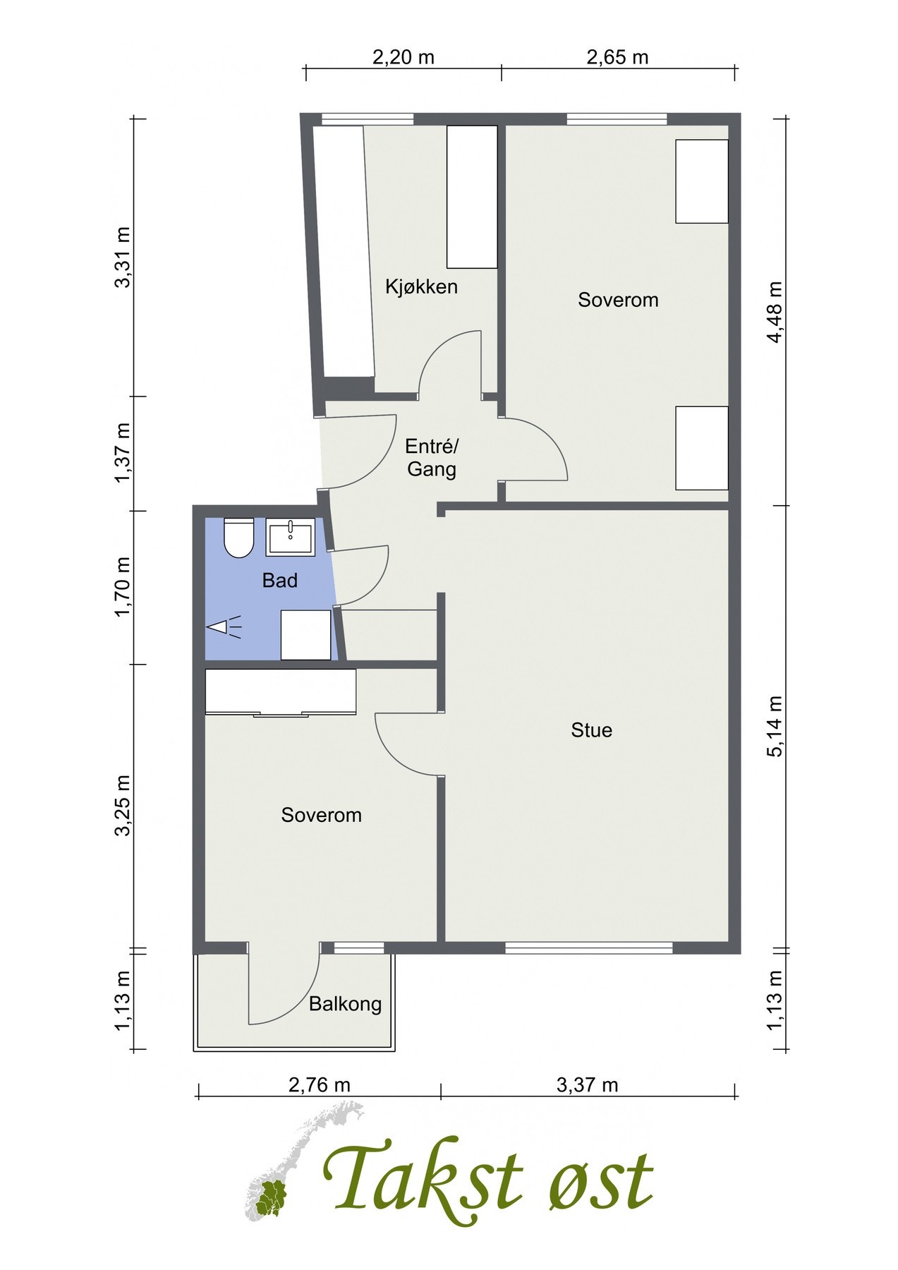 Plantegning. I tillegg disponerer leiligheten en kjellerbod på 4,6 kvm. Galleribilde