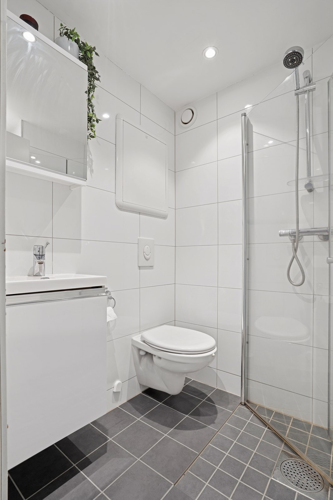 Her finner du innredning med nedfelt servant, overskap med speil, veggmontert toalett, dusjhjørne med innfellbare dusjdører og opplegg for vaskemaskin. Galleribilde