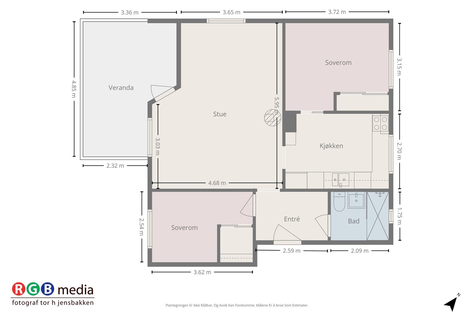 Leilighet med to soverom, stue/ spisestue, kjøkken, bad, entré og veranda. Praktisk og funksjonell planløsning. Galleribilde