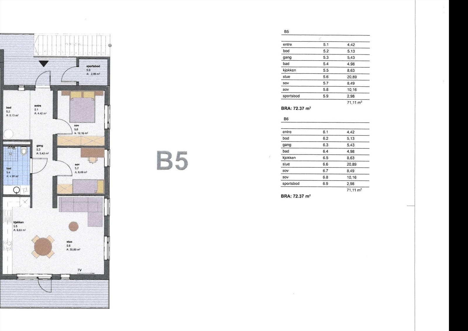 Planskisse med areal for kvart rom Galleribilde