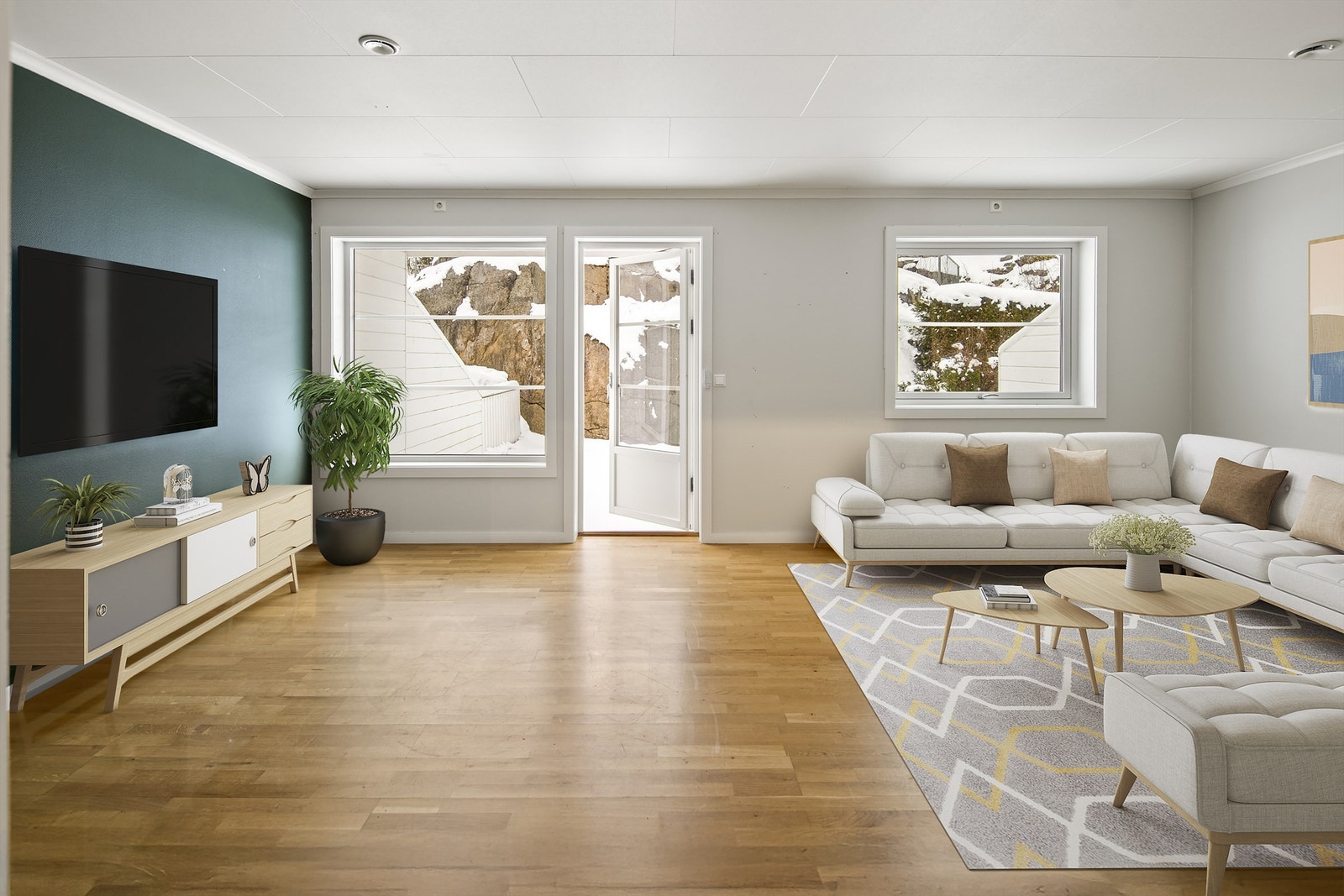 Stue med utgang til koselig og fint skjermet uteplass Galleribilde