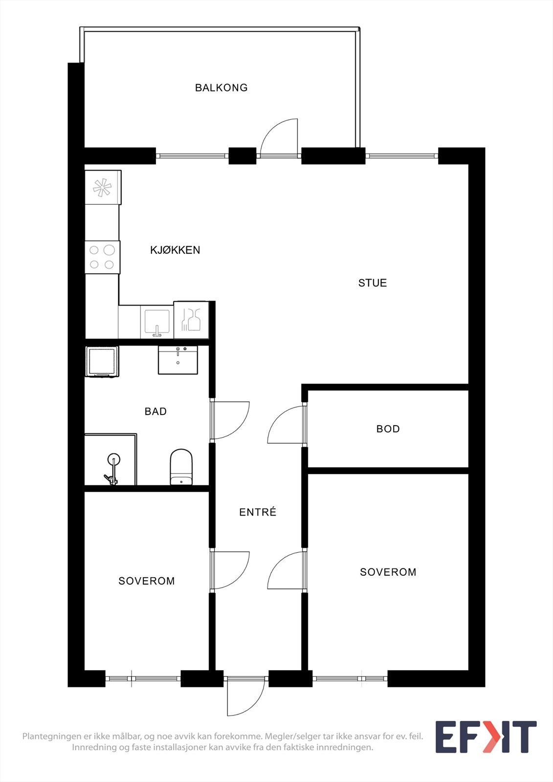 Planløsningen er arealeffektiv og omfatter gang, to soverom, bad, bod og stue med kjøkken. Galleribilde