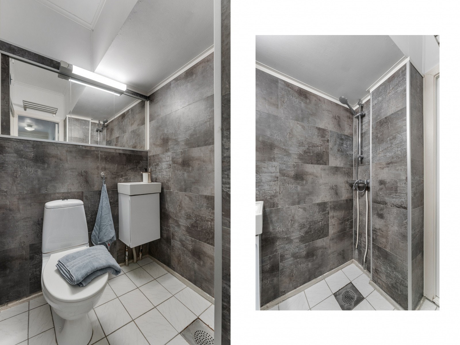 Baderommet har flislagt gulv og baderomsplater på veggene. Baderomsplatene var nye i 2025. Galleribilde