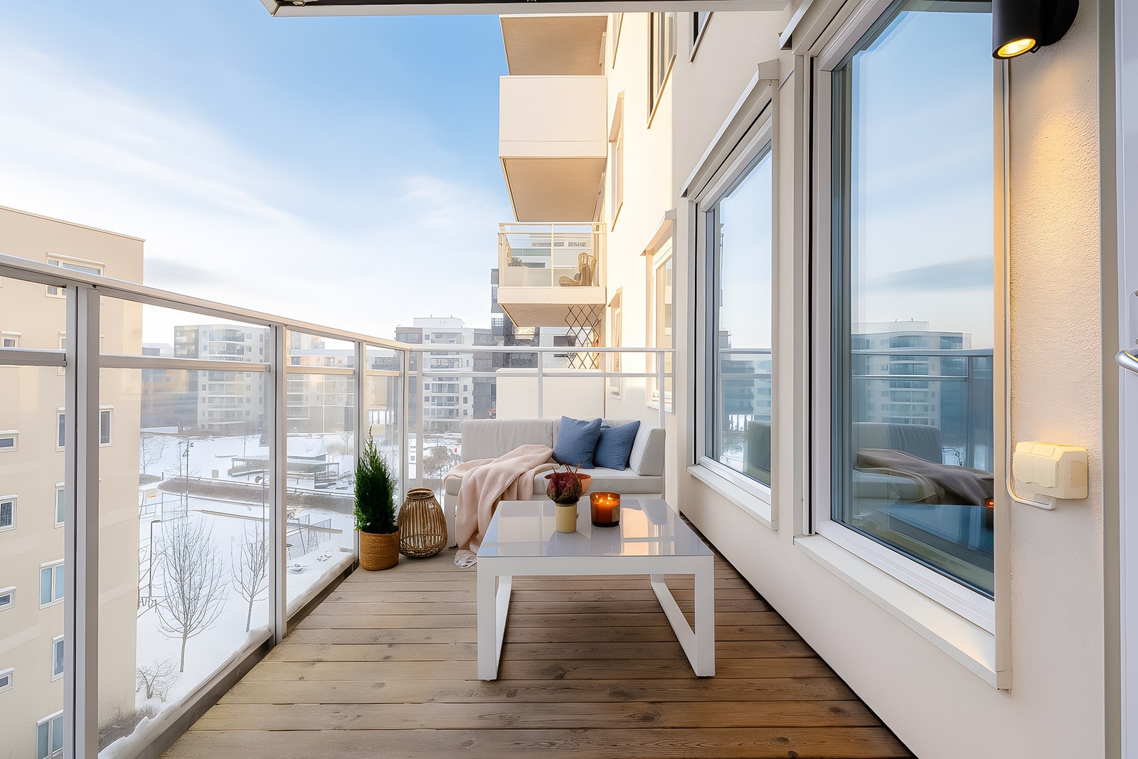 Med vestvendt beliggenhet får balkongen svært gode solforhold, og fungerer som en naturlig forlengelse av oppholdsrommet på solrike dager. Galleribilde