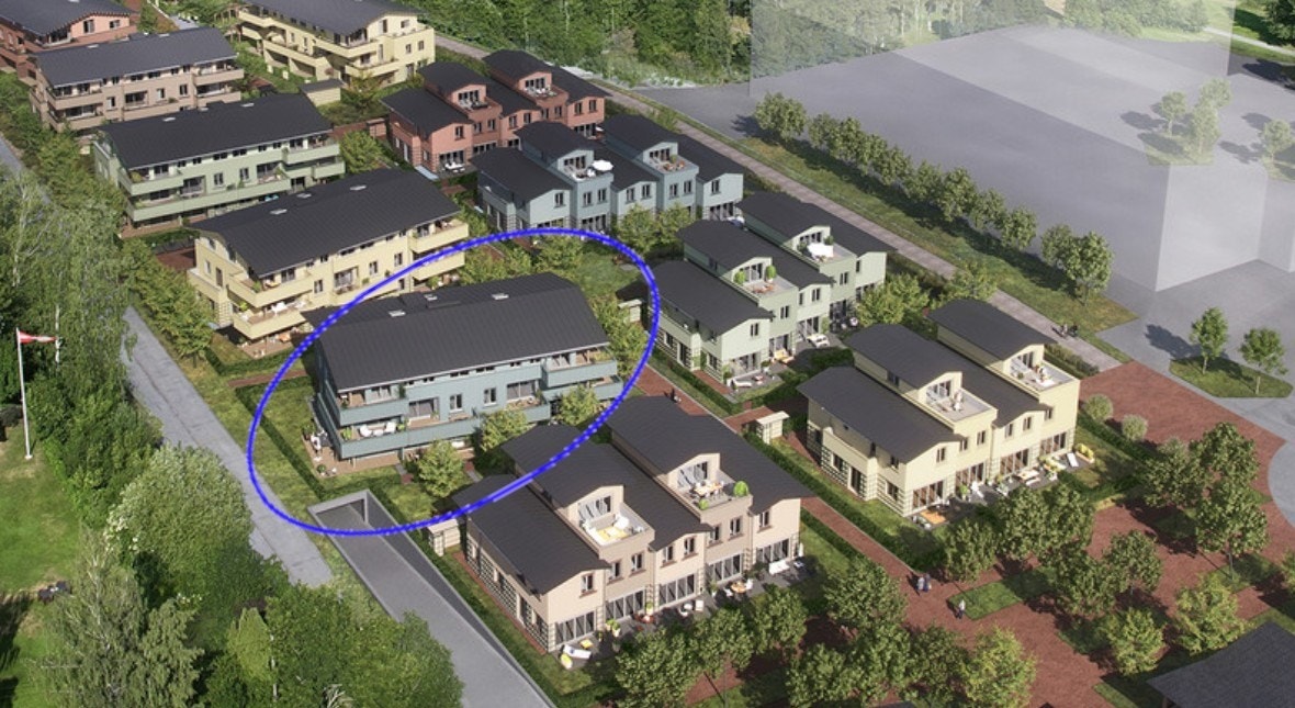 Kunstnerisk illustrasjon. Viser leilighets byggets beliggenhet. Bilde lånt av Selvaag Bolig. Galleribilde