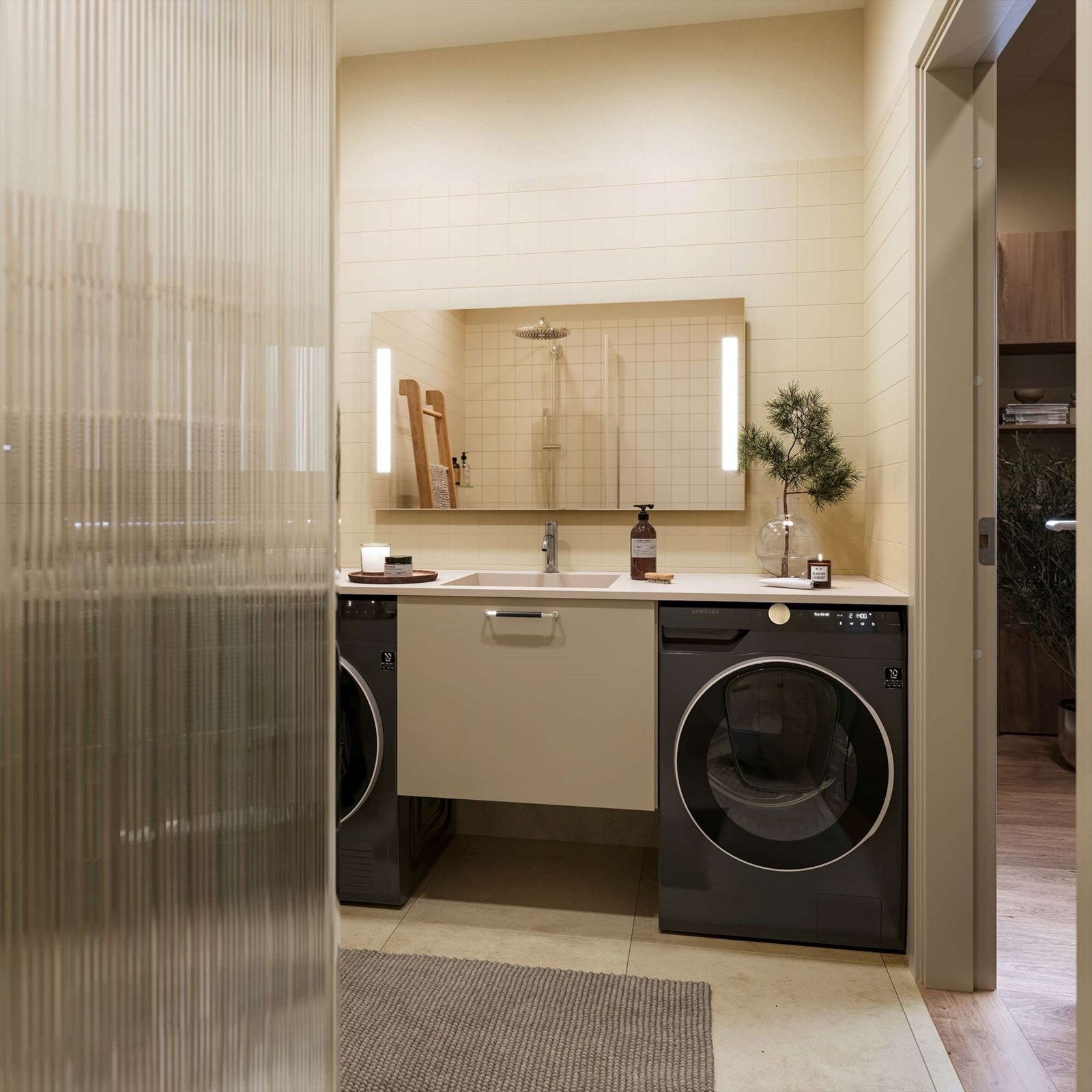 Kunstnerisk illustrasjon. Bad i Linstow stil. Illustrasjonen er ikke av den respektive leiligheten. Bilde lånt av Selvaag Bolig. Galleribilde