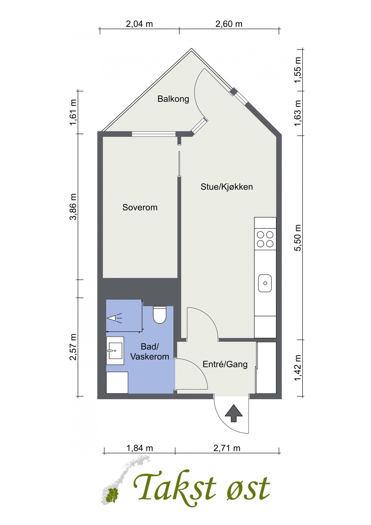 Plantegning. I tillegg disponerer leiligheten en kjellerbod på 2,6 kvm. Galleribilde