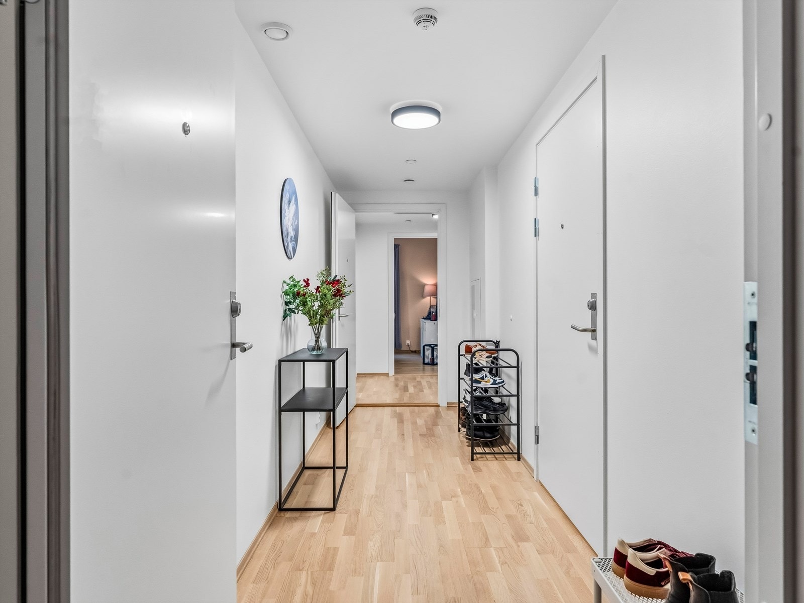 Leiligheten har enkel adkomst fra heis og trapp til 5. etasje. Vel inne i entréen er det felles gang, med inngang til både hoveddel og hybel. Galleribilde