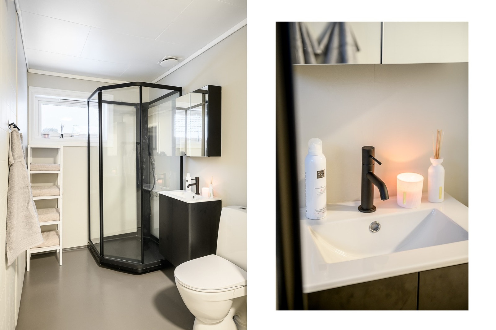 Badet har en praktisk planløsning med dusjkabinett, servant og plass til vaskemaskin. Galleribilde