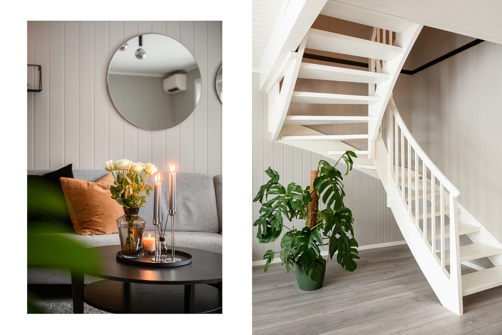 Trappen mellom etasjene er i malt treverk og har en naturlig plassering i boligen. Galleribilde