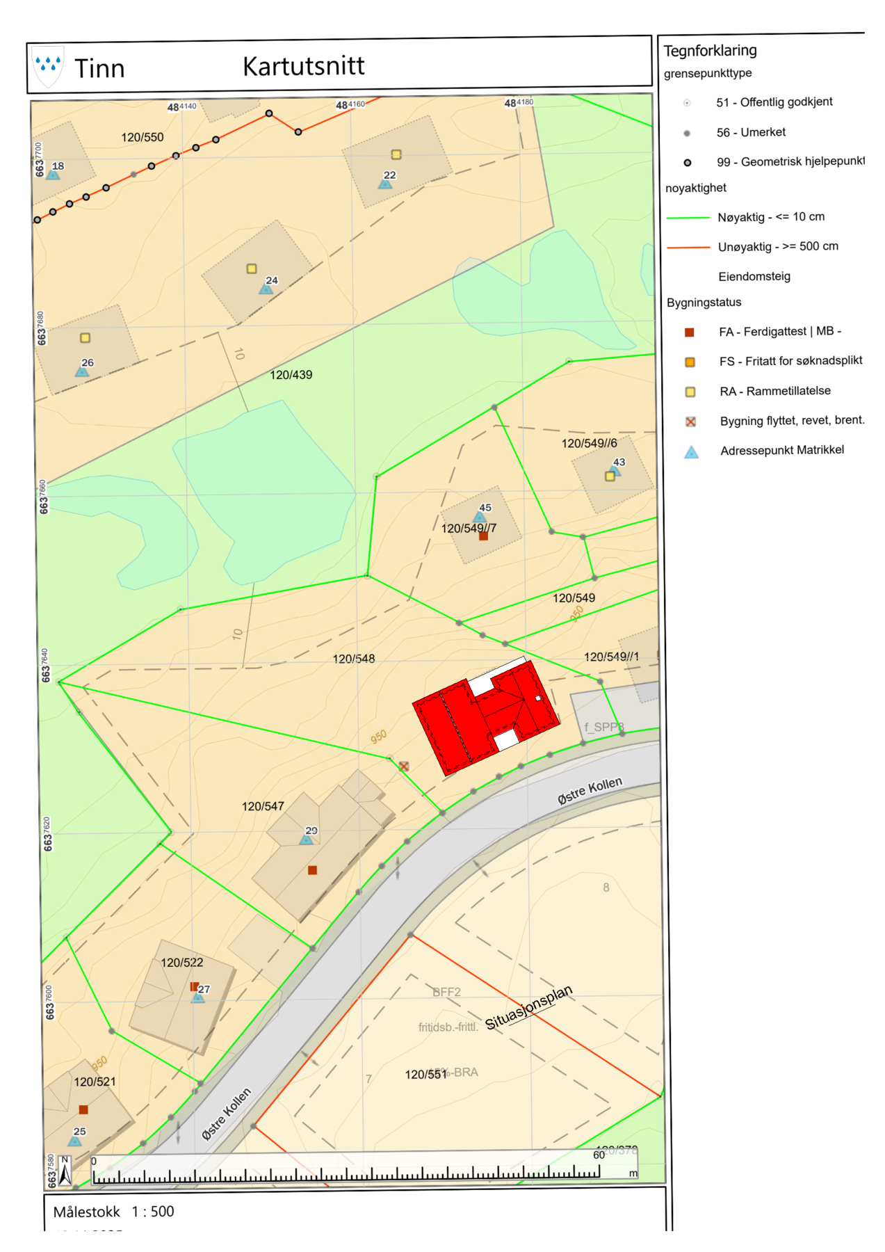 Forslag til plassering av prosjektert hytte på tomta. Galleribilde