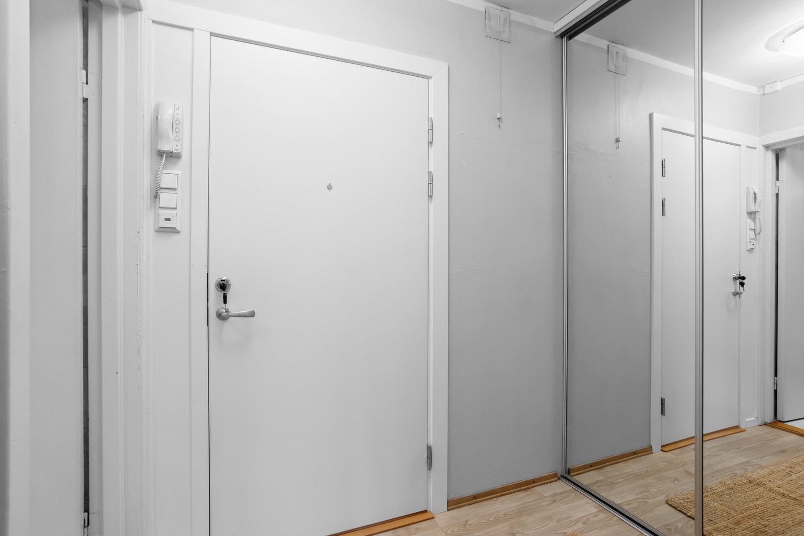 Entrédør av tre med brannklasse Ei30 og lydklasse 36dB fra 2020. Galleribilde