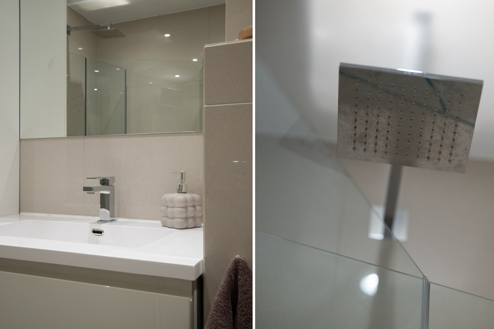 Praktisk opplegg for vaskemaskin, dusjhjørne med svingdører, komplett med regnfallsdusj og termostatstyrt blandebatteri. Galleribilde