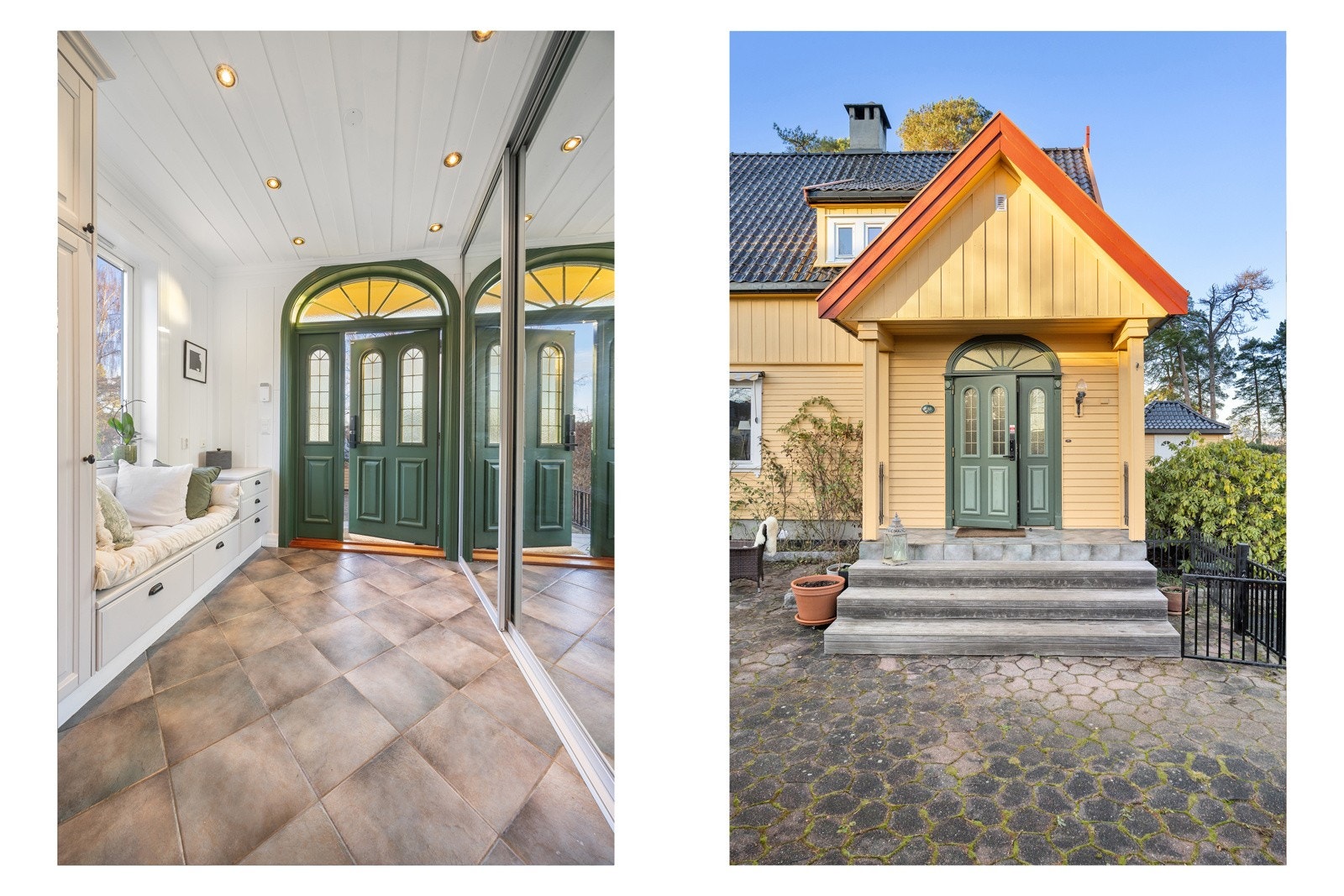 Boligen ønsker velkommen gjennom en romslig og gjennomført entré med flislagt gulv og god takhøyde.