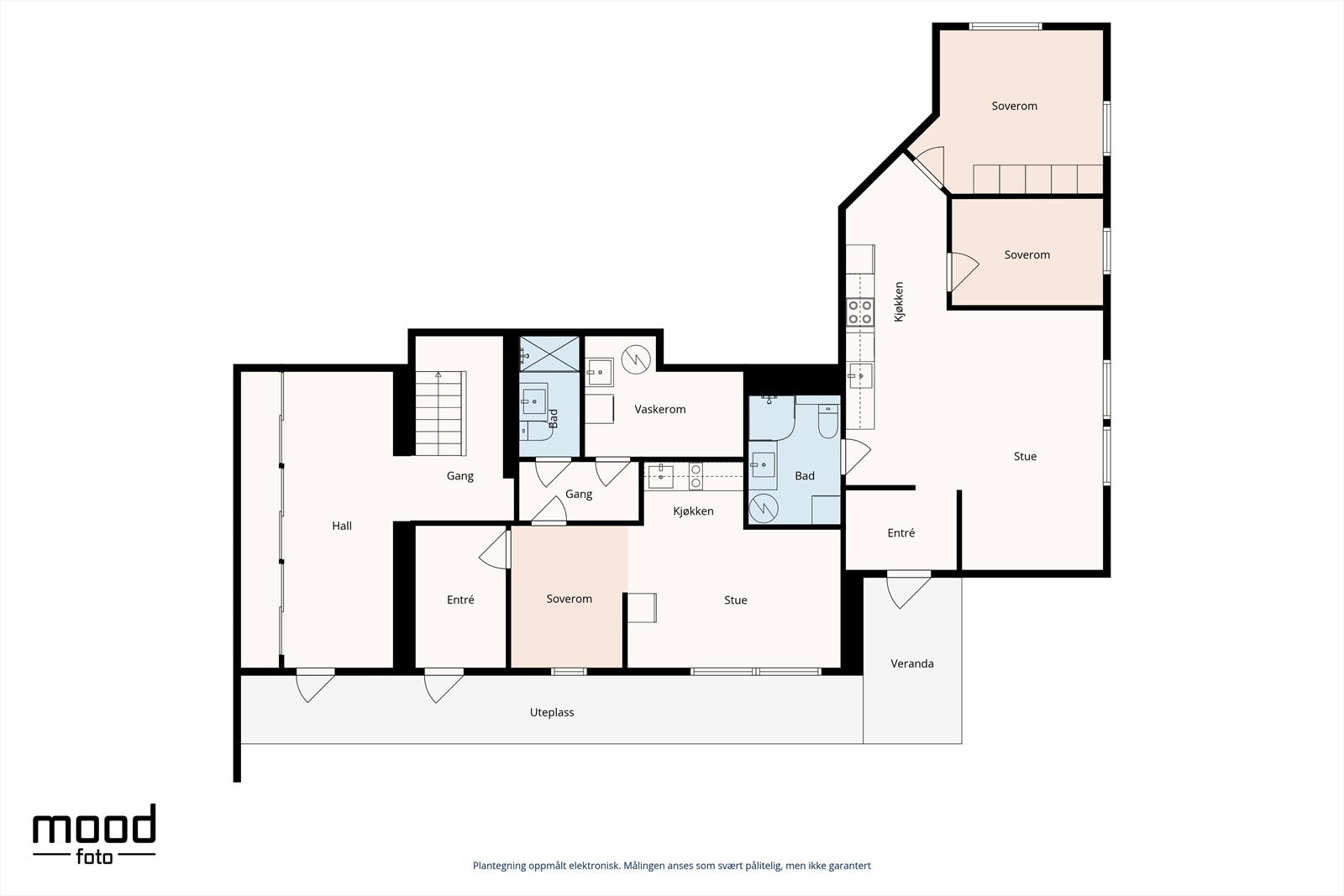 Plantegning viser boligens u.etg for hoveddel og to stk utleide deler (ikke godkjent) Galleribilde